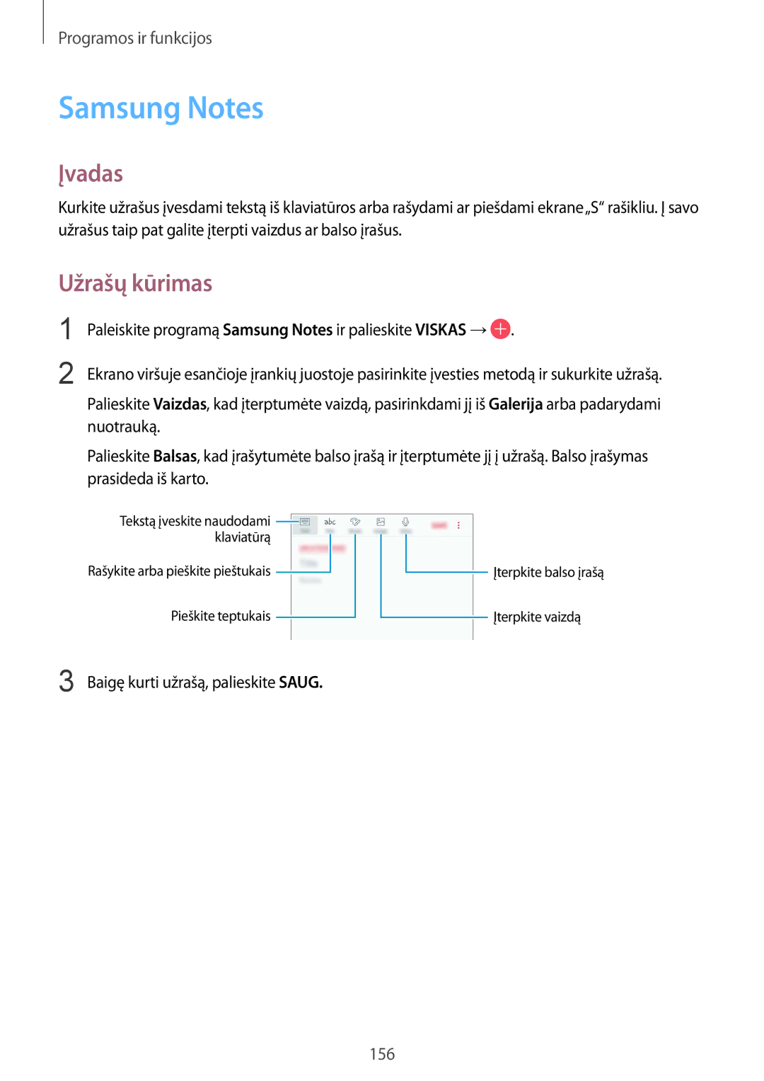 Samsung SM-N950FZKDSEB, SM-N950FZDDSEB manual Samsung Notes, Užrašų kūrimas, Baigę kurti užrašą, palieskite Saug 