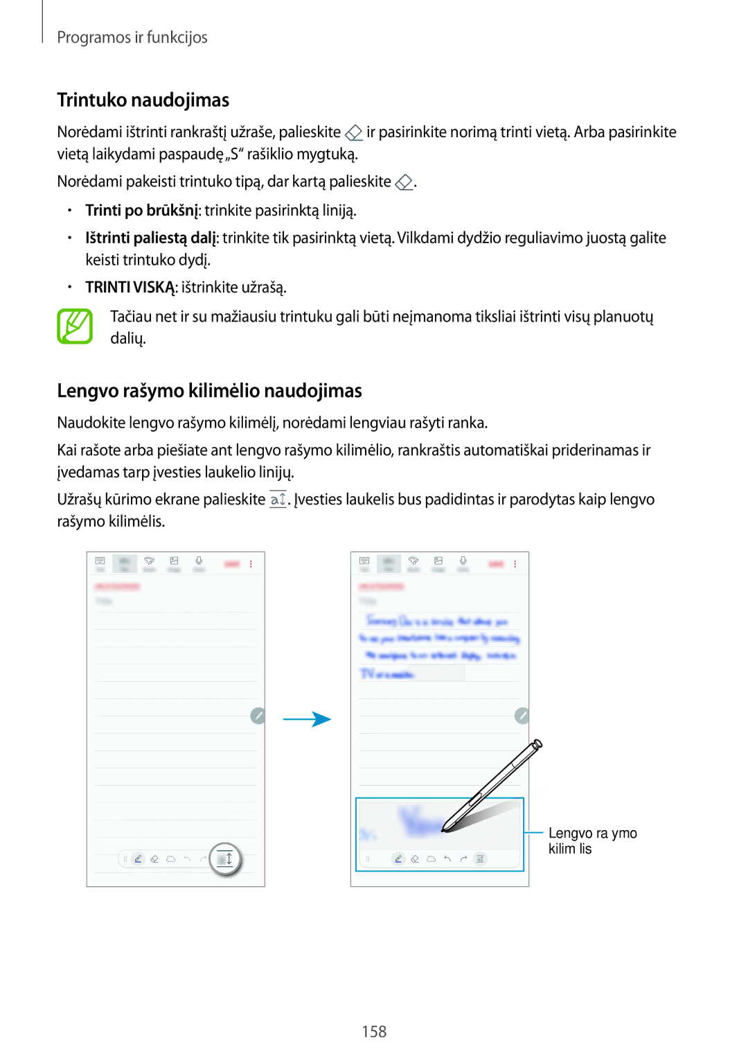 Samsung SM-N950FZKDSEB, SM-N950FZDDSEB manual Trintuko naudojimas, Lengvo rašymo kilimėlio naudojimas 