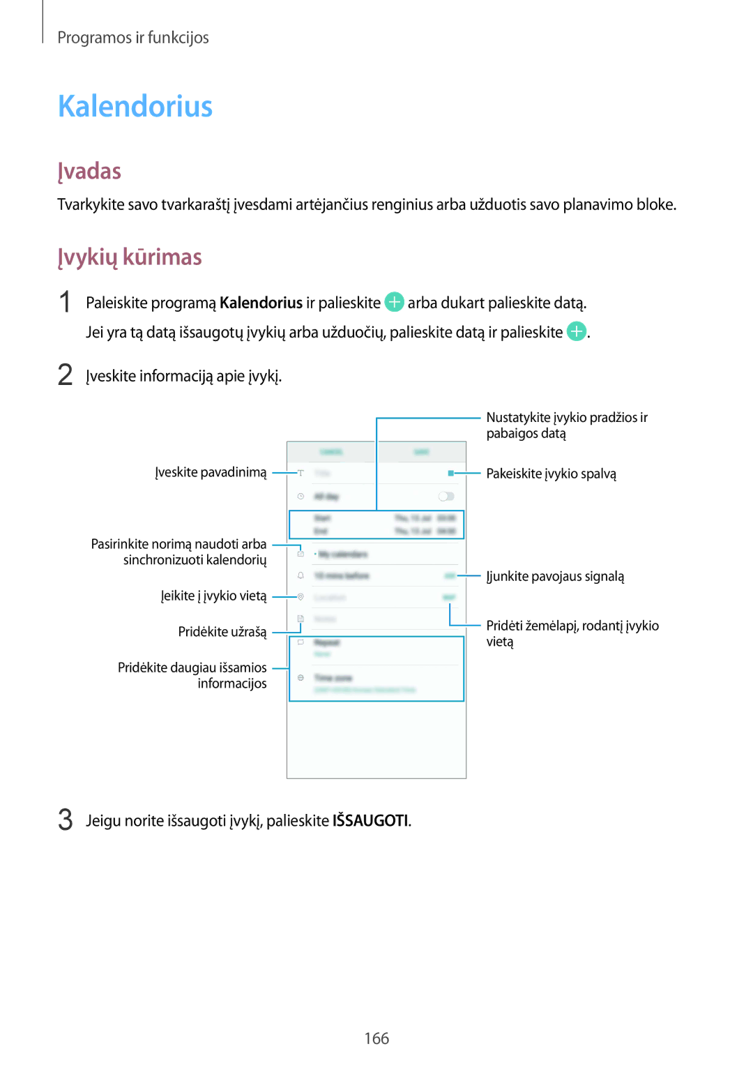 Samsung SM-N950FZKDSEB, SM-N950FZDDSEB manual Kalendorius, Įvykių kūrimas, Įveskite informaciją apie įvykį 