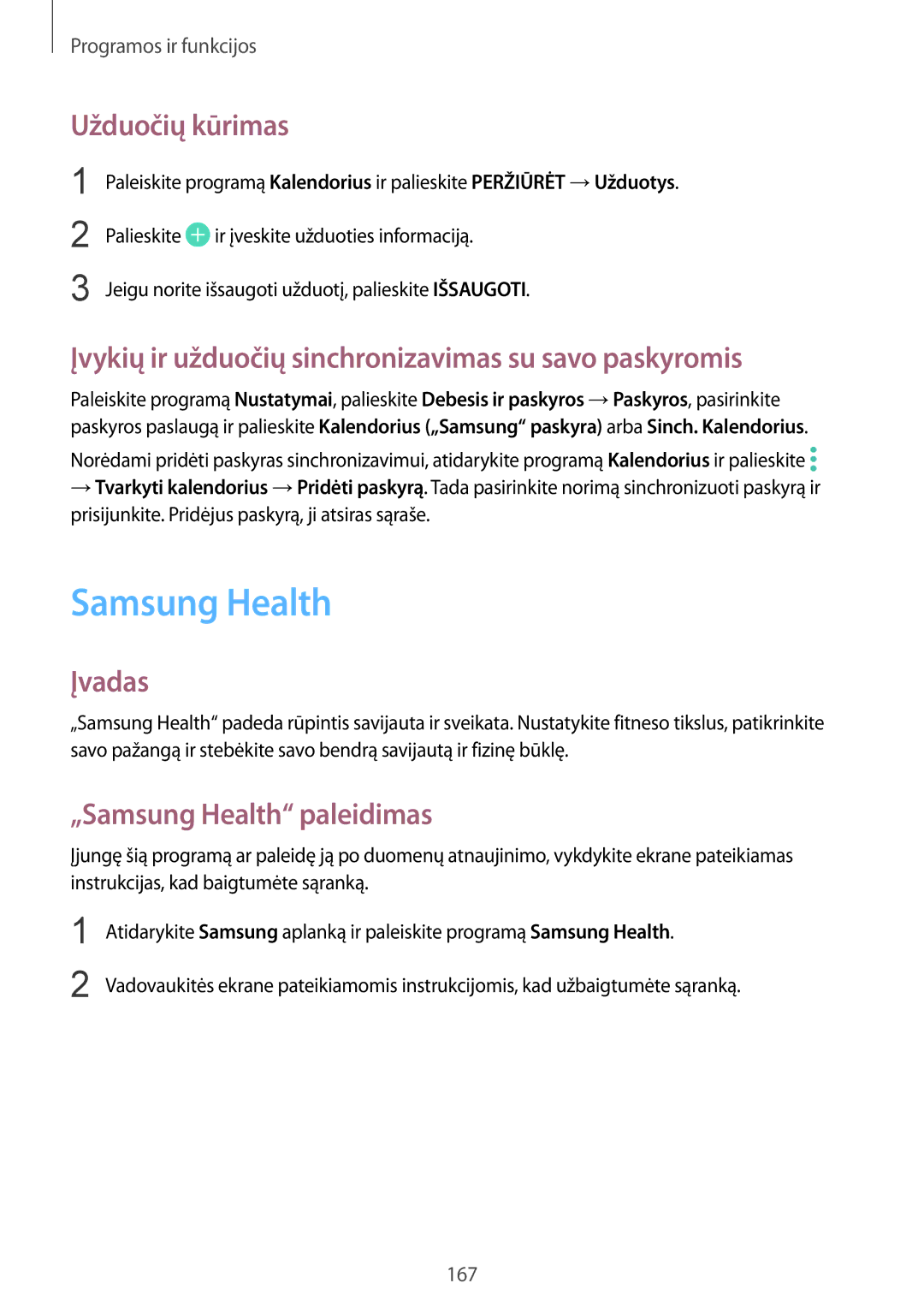 Samsung SM-N950FZDDSEB manual Samsung Health, Užduočių kūrimas, Įvykių ir užduočių sinchronizavimas su savo paskyromis 