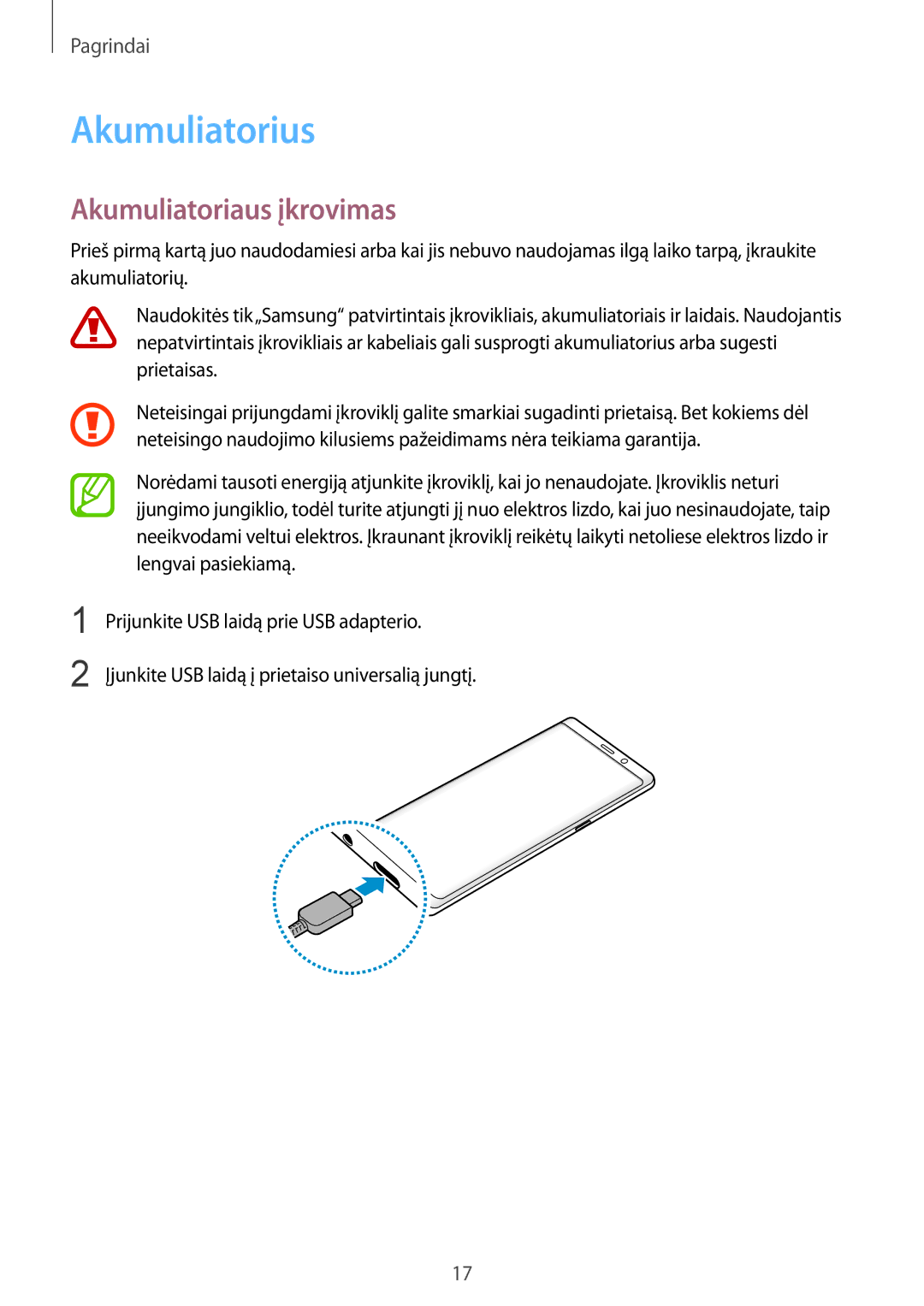 Samsung SM-N950FZDDSEB, SM-N950FZKDSEB manual Akumuliatorius, Akumuliatoriaus įkrovimas 