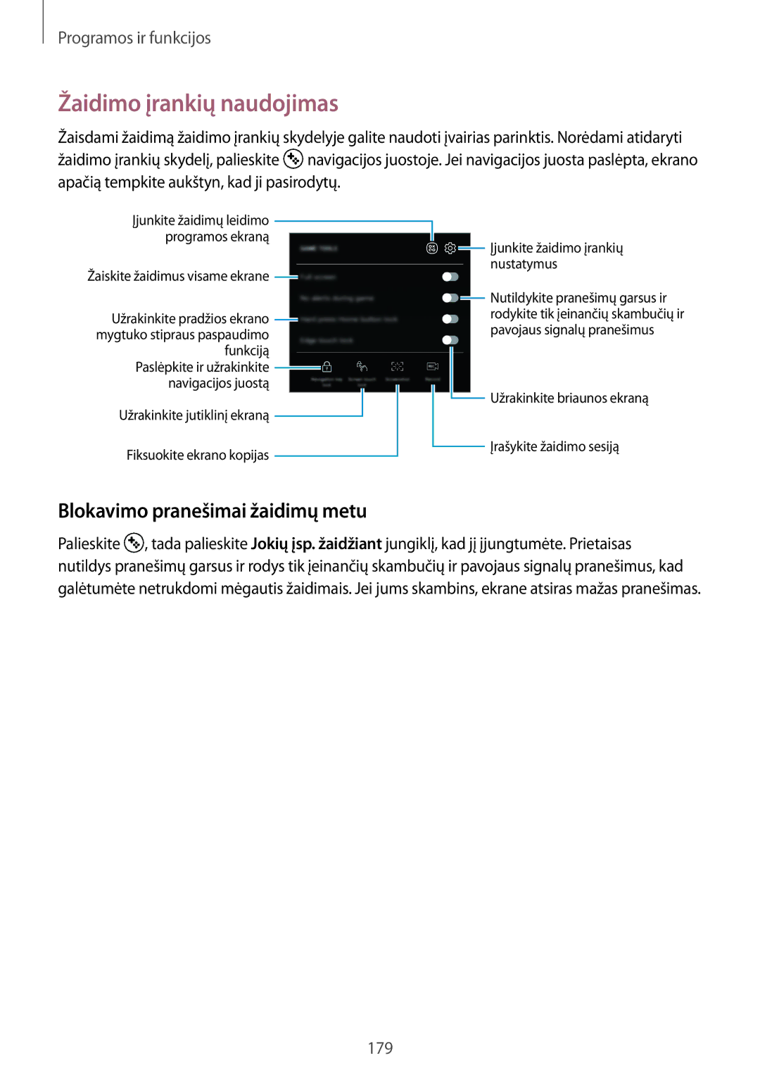 Samsung SM-N950FZDDSEB, SM-N950FZKDSEB manual Žaidimo įrankių naudojimas, Blokavimo pranešimai žaidimų metu 