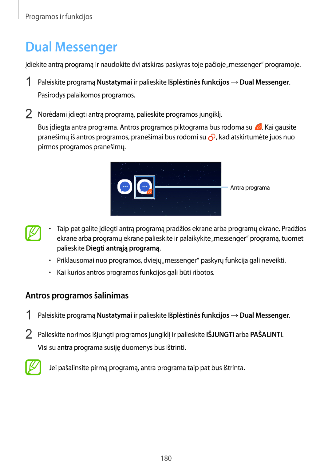 Samsung SM-N950FZKDSEB, SM-N950FZDDSEB manual Dual Messenger, Antros programos šalinimas 