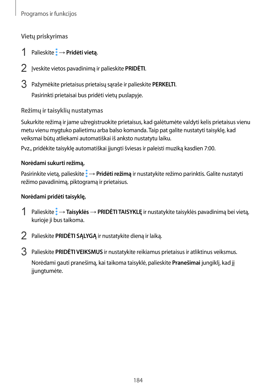 Samsung SM-N950FZKDSEB, SM-N950FZDDSEB manual Vietų priskyrimas, Režimų ir taisyklių nustatymas, Norėdami sukurti režimą 