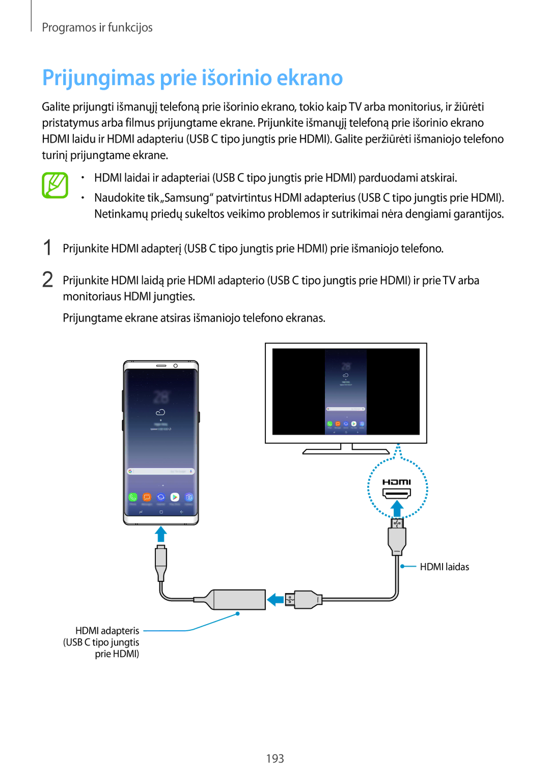 Samsung SM-N950FZDDSEB, SM-N950FZKDSEB manual Prijungimas prie išorinio ekrano 