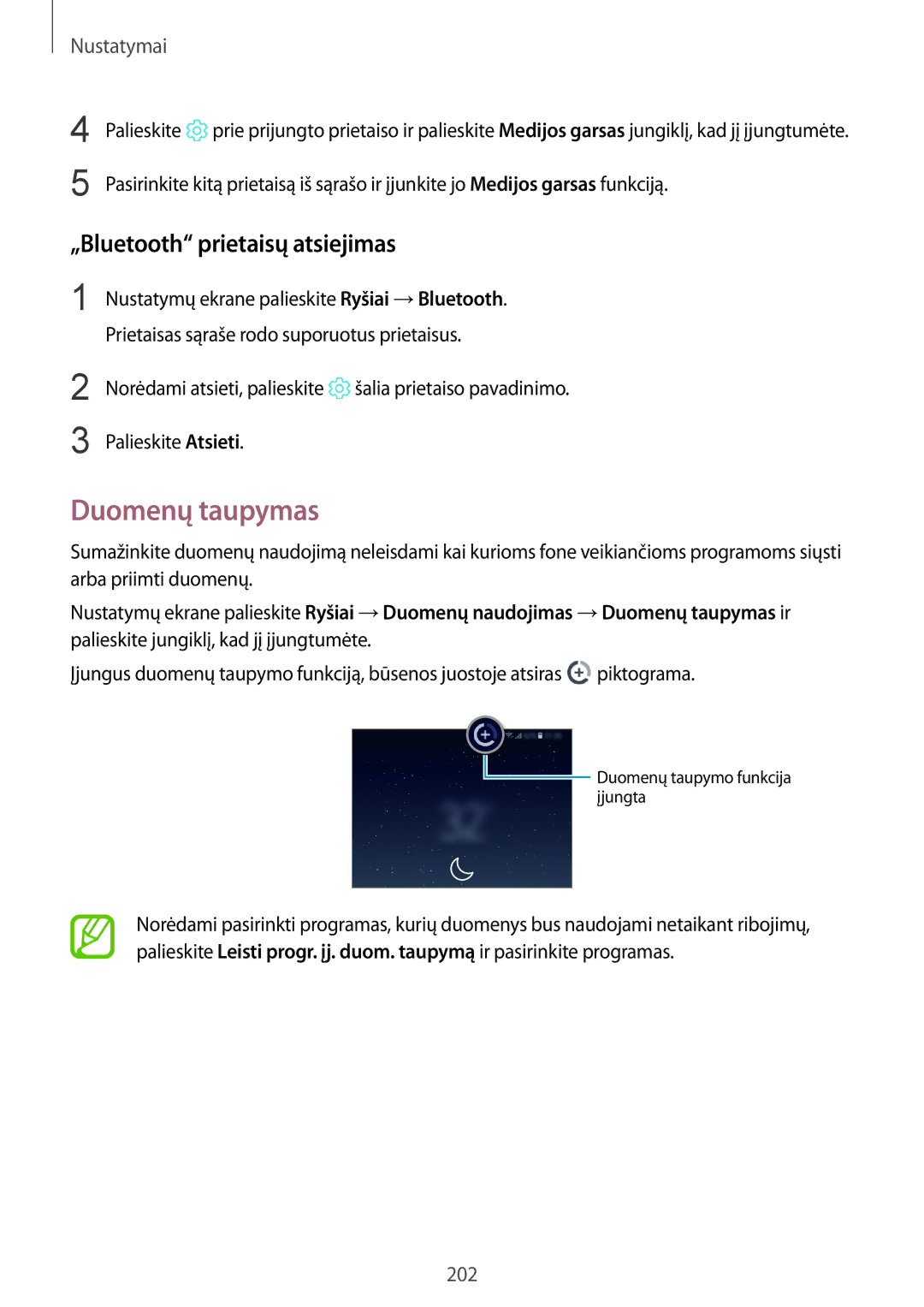 Samsung SM-N950FZKDSEB, SM-N950FZDDSEB manual Duomenų taupymas, „Bluetooth prietaisų atsiejimas 