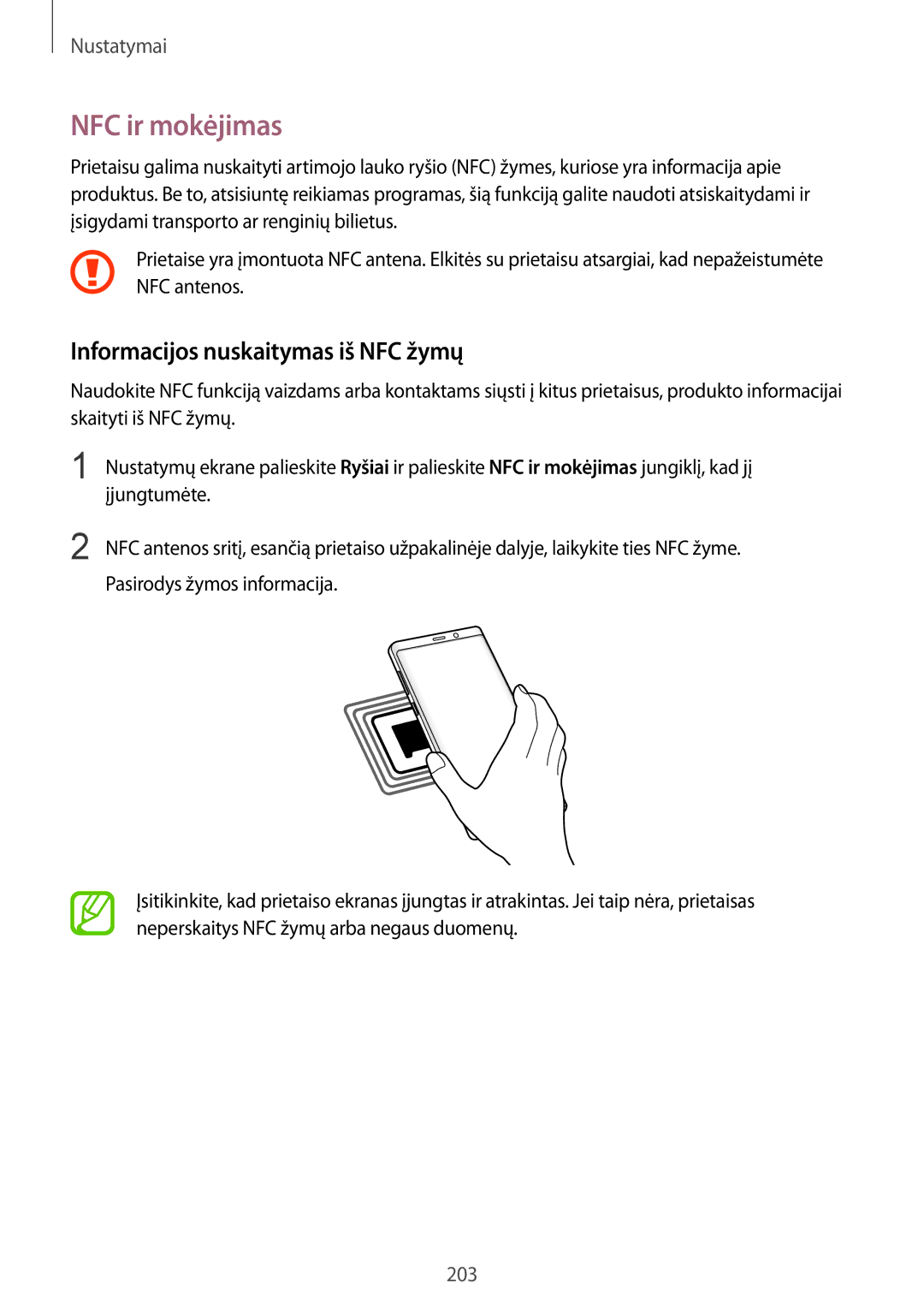 Samsung SM-N950FZDDSEB, SM-N950FZKDSEB manual NFC ir mokėjimas, Informacijos nuskaitymas iš NFC žymų 