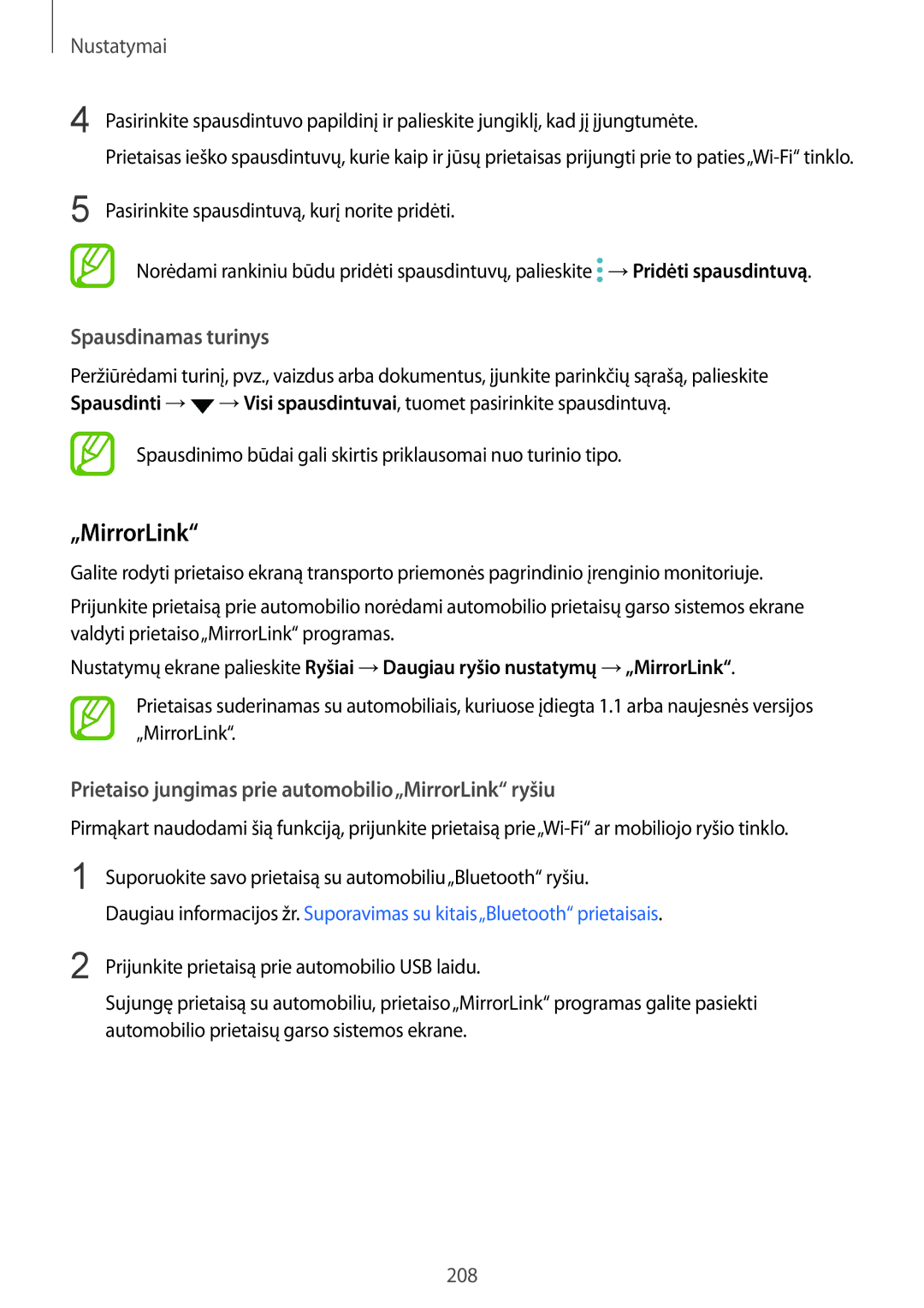 Samsung SM-N950FZKDSEB, SM-N950FZDDSEB manual Spausdinamas turinys, Prietaiso jungimas prie automobilio„MirrorLink ryšiu 