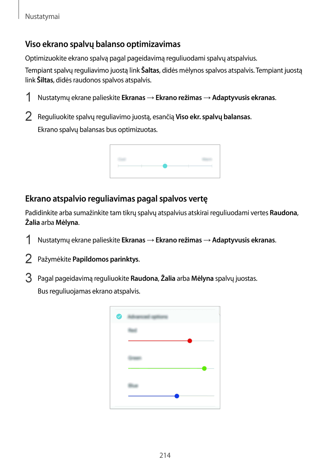 Samsung SM-N950FZKDSEB manual Viso ekrano spalvų balanso optimizavimas, Ekrano atspalvio reguliavimas pagal spalvos vertę 