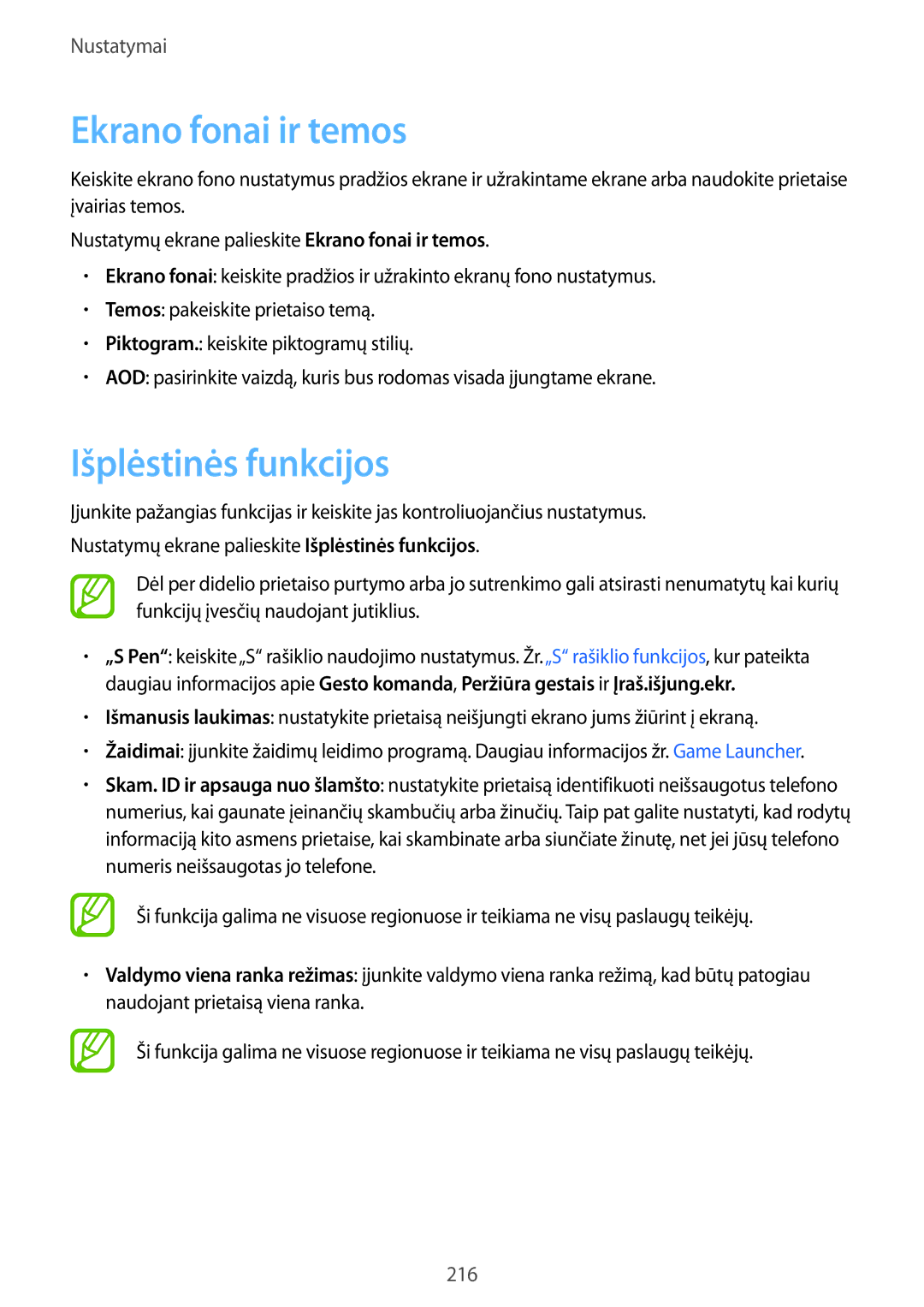Samsung SM-N950FZKDSEB, SM-N950FZDDSEB manual Ekrano fonai ir temos, Išplėstinės funkcijos 