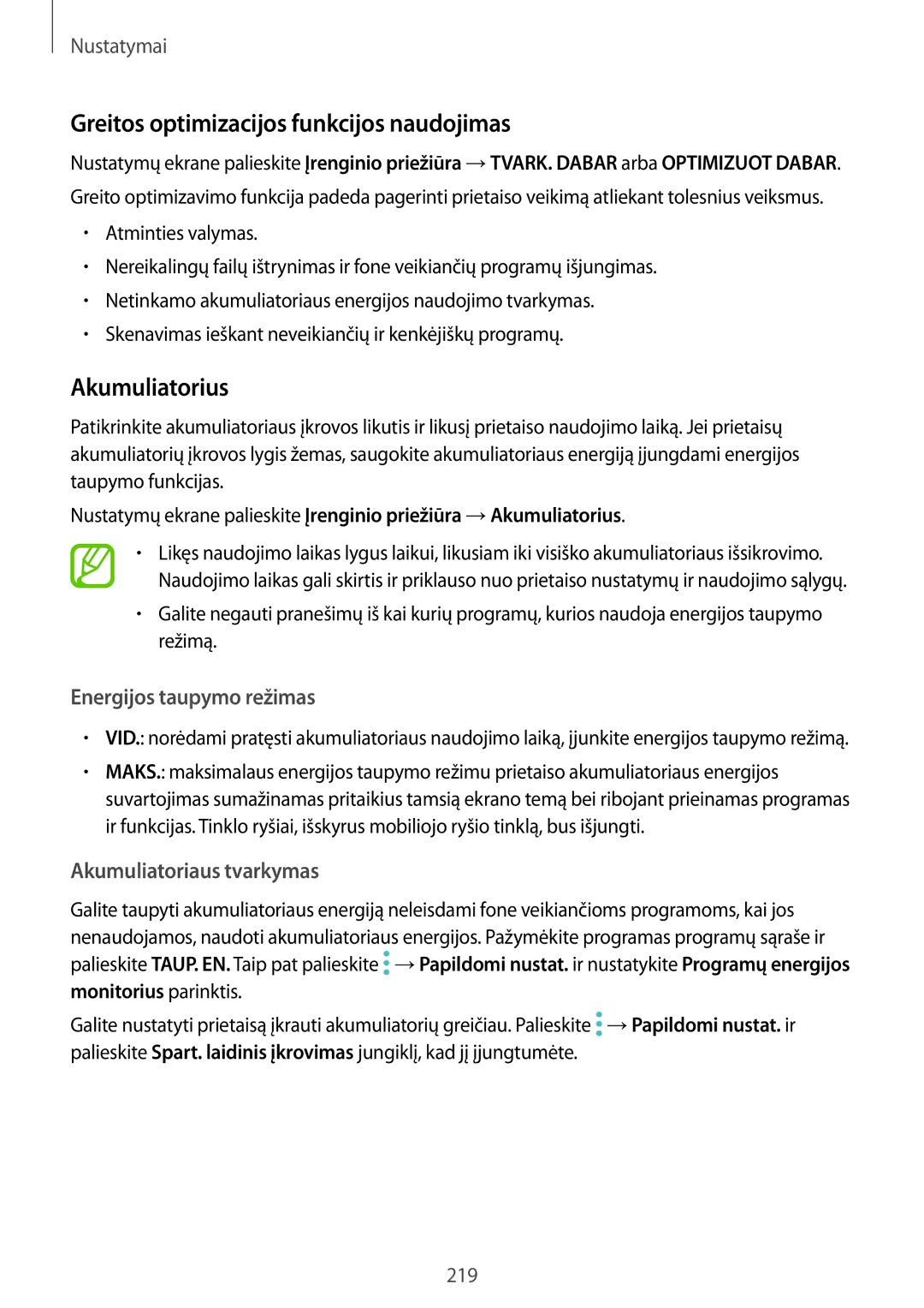 Samsung SM-N950FZDDSEB manual Greitos optimizacijos funkcijos naudojimas, Akumuliatorius, Energijos taupymo režimas 