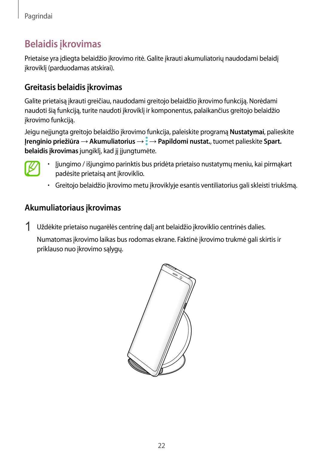 Samsung SM-N950FZKDSEB, SM-N950FZDDSEB manual Belaidis įkrovimas, Greitasis belaidis įkrovimas, Akumuliatoriaus įkrovimas 