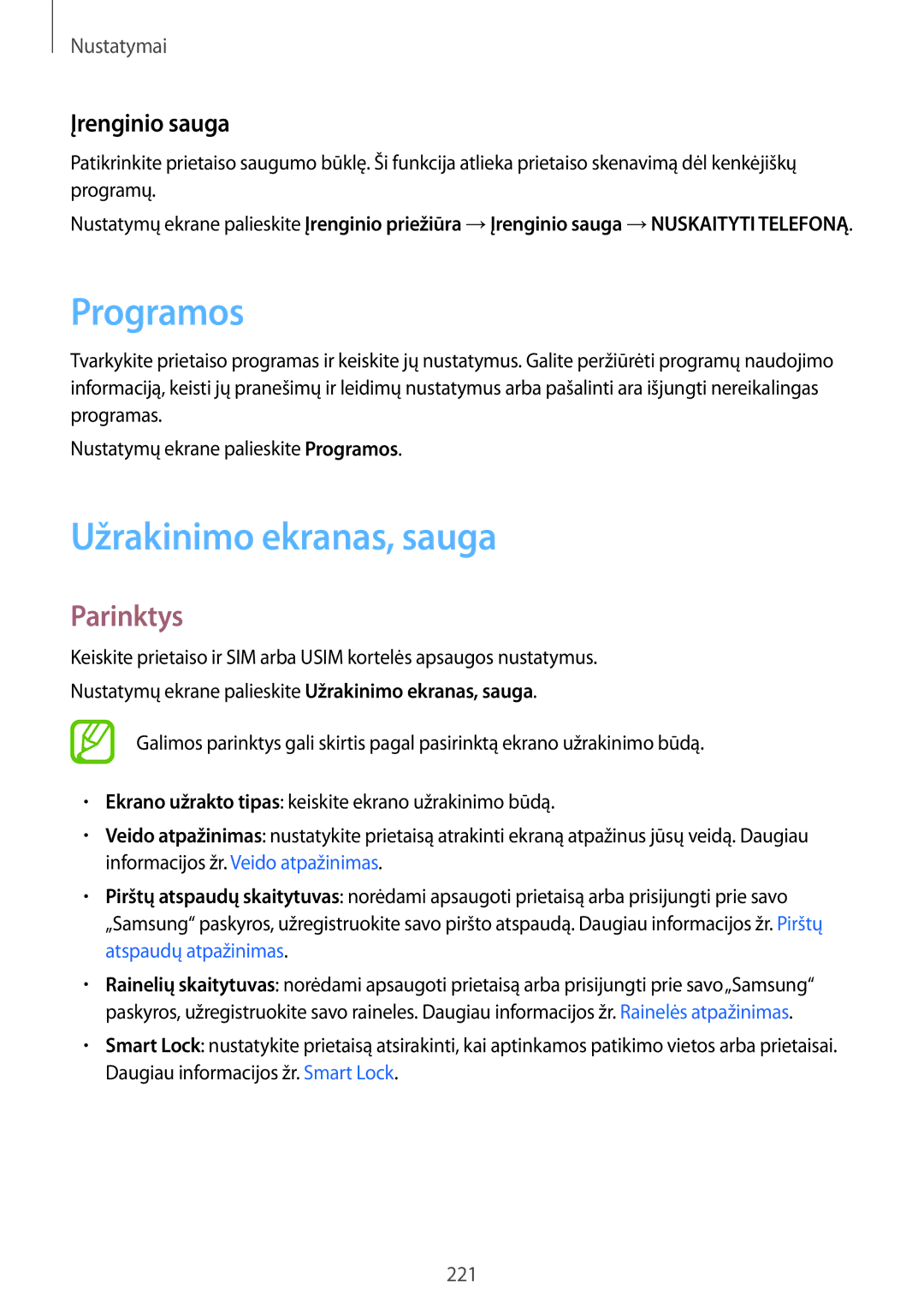 Samsung SM-N950FZDDSEB, SM-N950FZKDSEB manual Programos, Užrakinimo ekranas, sauga, Įrenginio sauga 