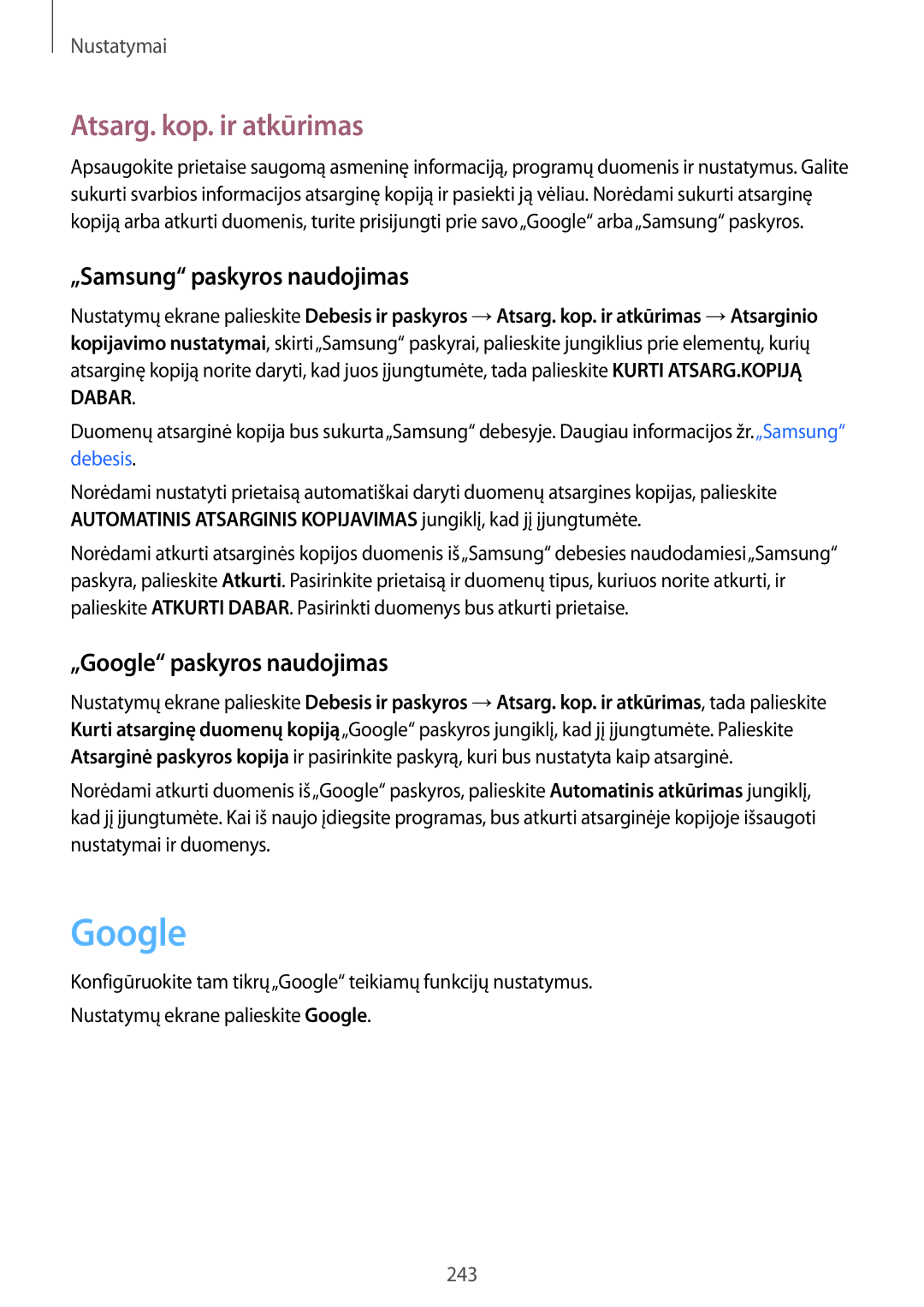 Samsung SM-N950FZDDSEB manual Atsarg. kop. ir atkūrimas, „Samsung paskyros naudojimas, „Google paskyros naudojimas 