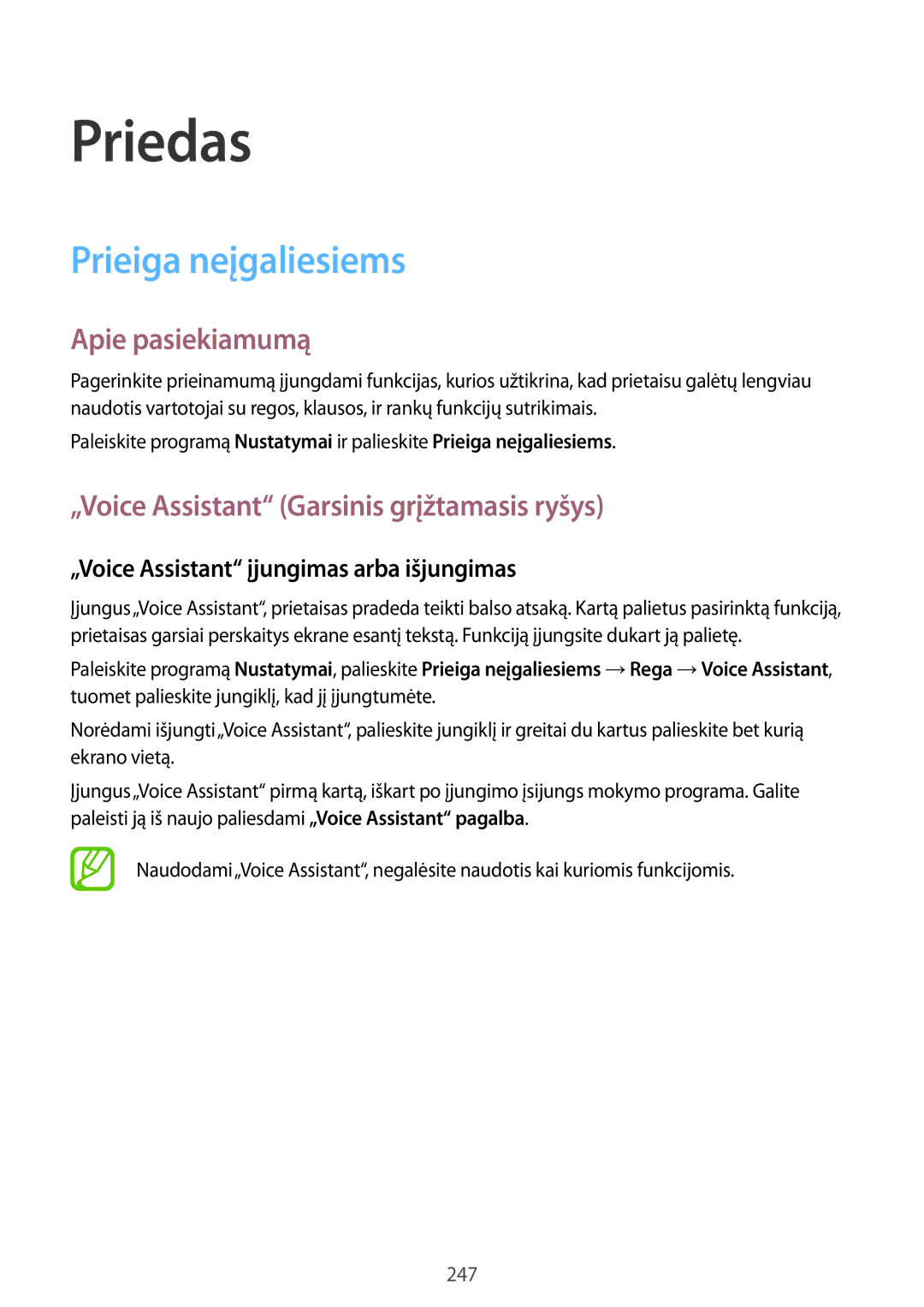 Samsung SM-N950FZDDSEB, SM-N950FZKDSEB manual Apie pasiekiamumą, „Voice Assistant Garsinis grįžtamasis ryšys 