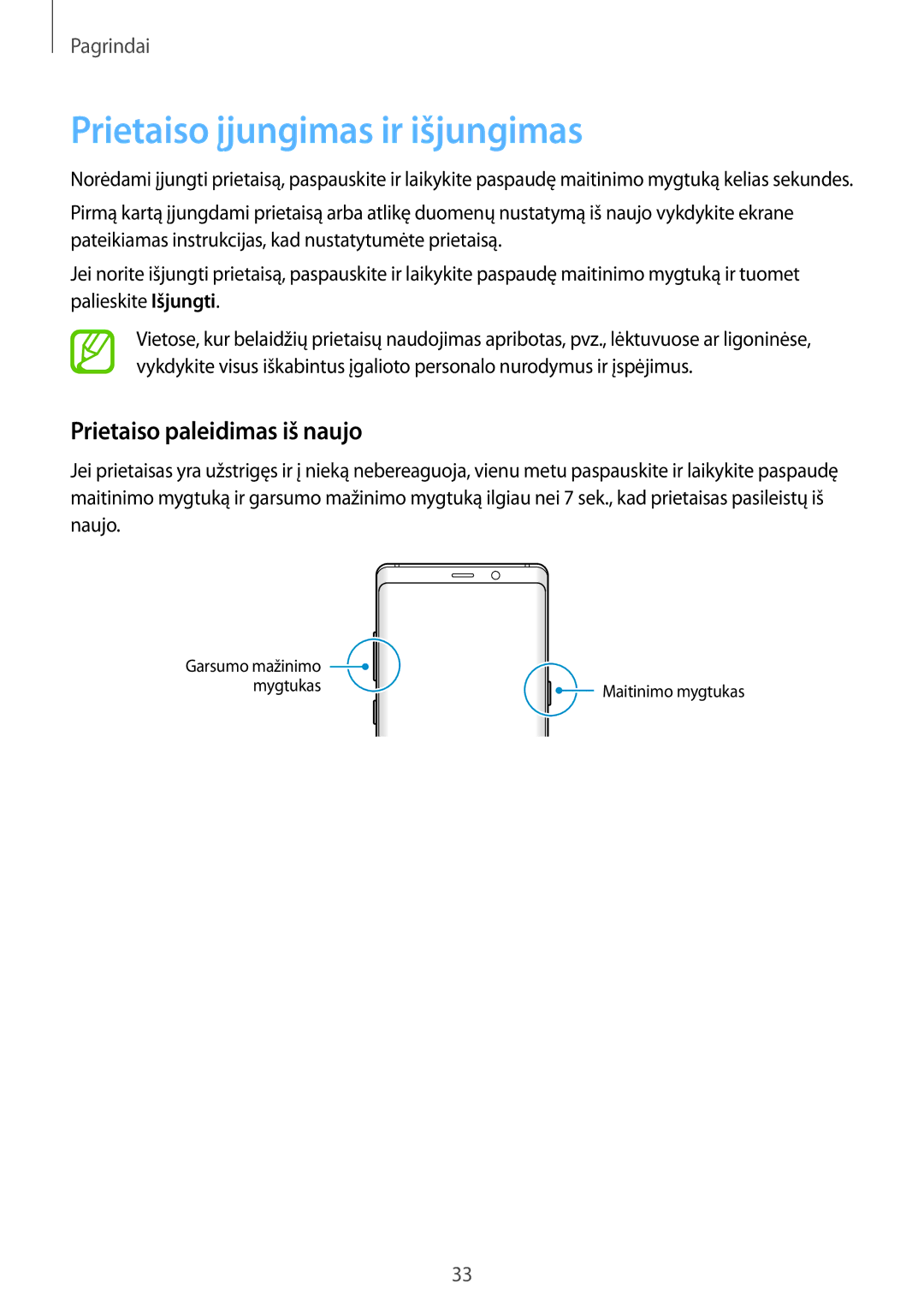 Samsung SM-N950FZDDSEB, SM-N950FZKDSEB manual Prietaiso įjungimas ir išjungimas, Prietaiso paleidimas iš naujo 