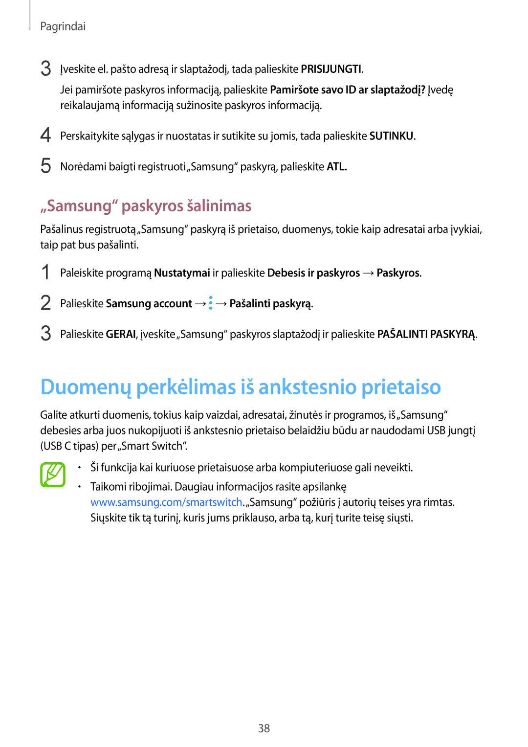 Samsung SM-N950FZKDSEB, SM-N950FZDDSEB manual Duomenų perkėlimas iš ankstesnio prietaiso, „Samsung paskyros šalinimas 