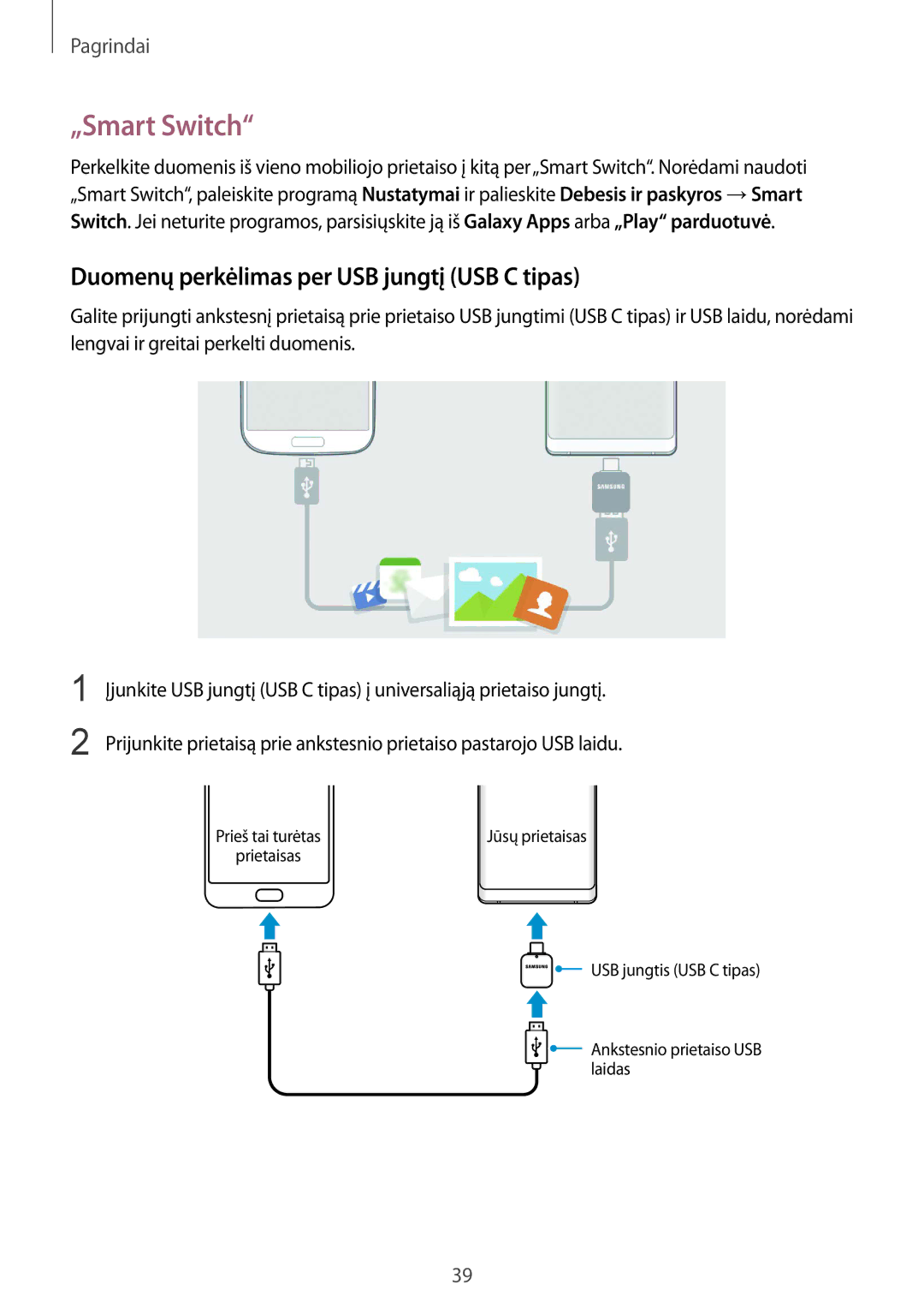 Samsung SM-N950FZDDSEB, SM-N950FZKDSEB manual „Smart Switch, Duomenų perkėlimas per USB jungtį USB C tipas 