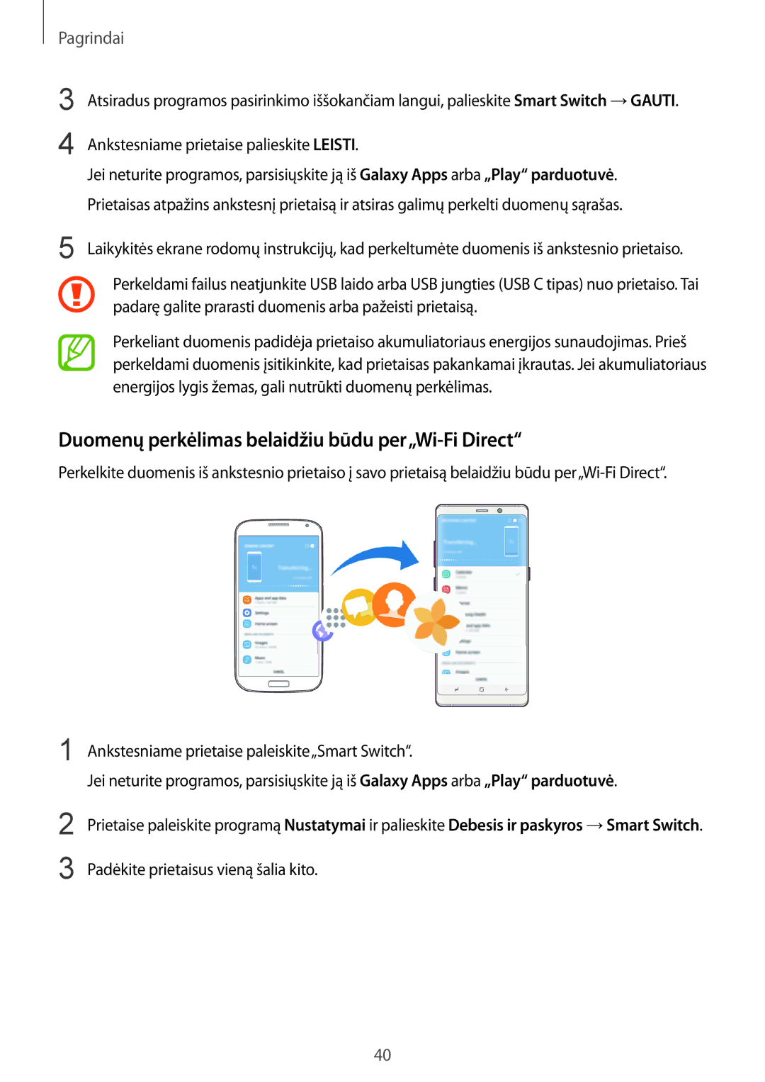 Samsung SM-N950FZKDSEB manual Duomenų perkėlimas belaidžiu būdu per„Wi-Fi Direct, Ankstesniame prietaise palieskite Leisti 