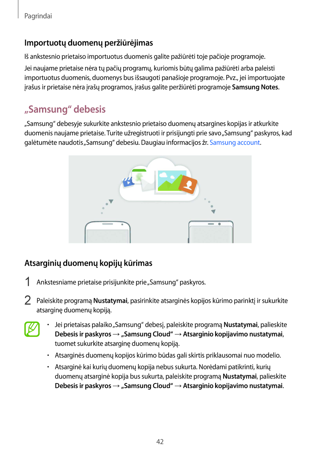 Samsung SM-N950FZKDSEB manual „Samsung debesis, Importuotų duomenų peržiūrėjimas, Atsarginių duomenų kopijų kūrimas 