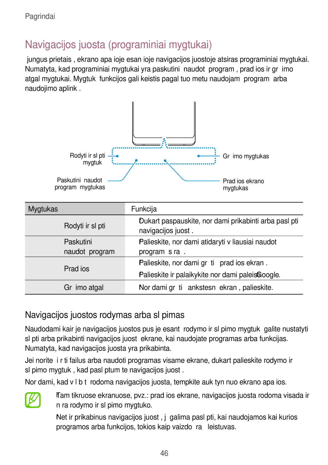 Samsung SM-N950FZKDSEB, SM-N950FZDDSEB Navigacijos juosta programiniai mygtukai, Navigacijos juostos rodymas arba slėpimas 