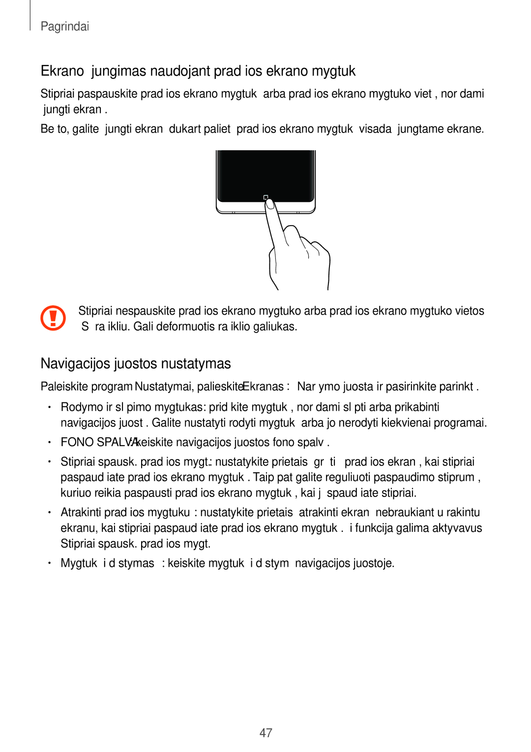 Samsung SM-N950FZDDSEB, SM-N950FZKDSEB Ekrano įjungimas naudojant pradžios ekrano mygtuką, Navigacijos juostos nustatymas 