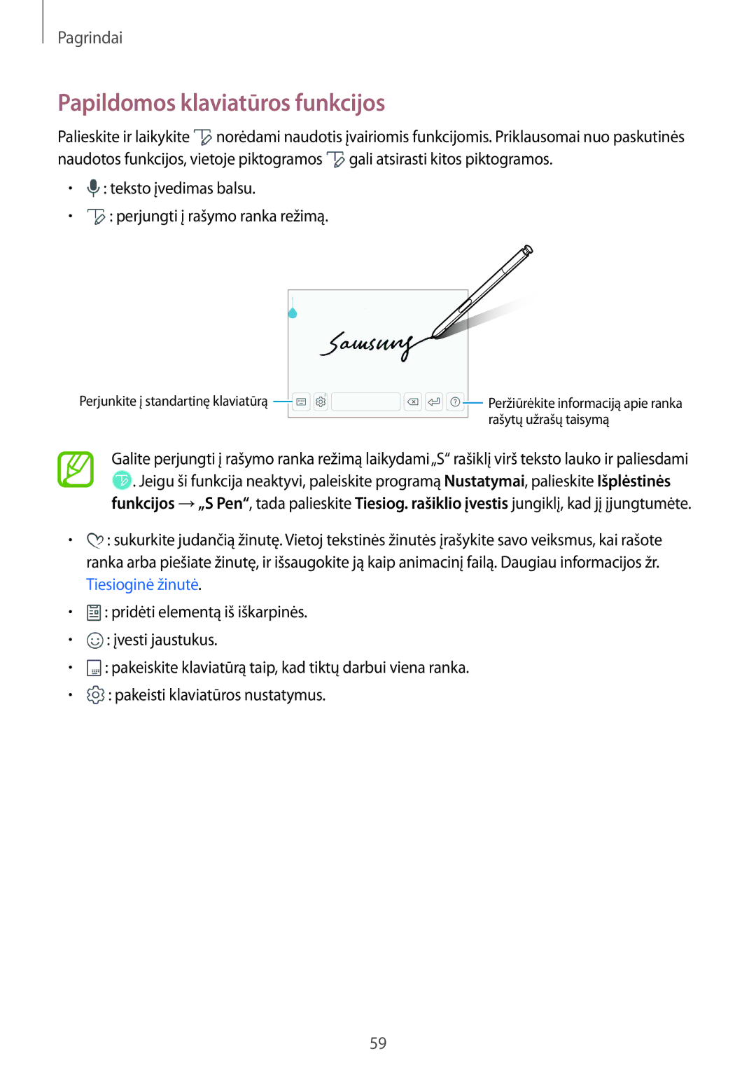 Samsung SM-N950FZDDSEB manual Papildomos klaviatūros funkcijos, Teksto įvedimas balsu Perjungti į rašymo ranka režimą 