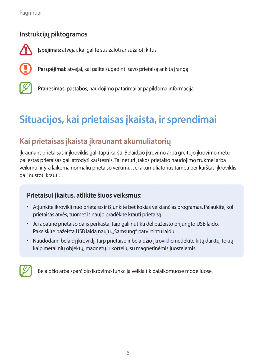 Samsung SM-N950FZKDSEB, SM-N950FZDDSEB manual Kai prietaisas įkaista įkraunant akumuliatorių, Instrukcijų piktogramos 