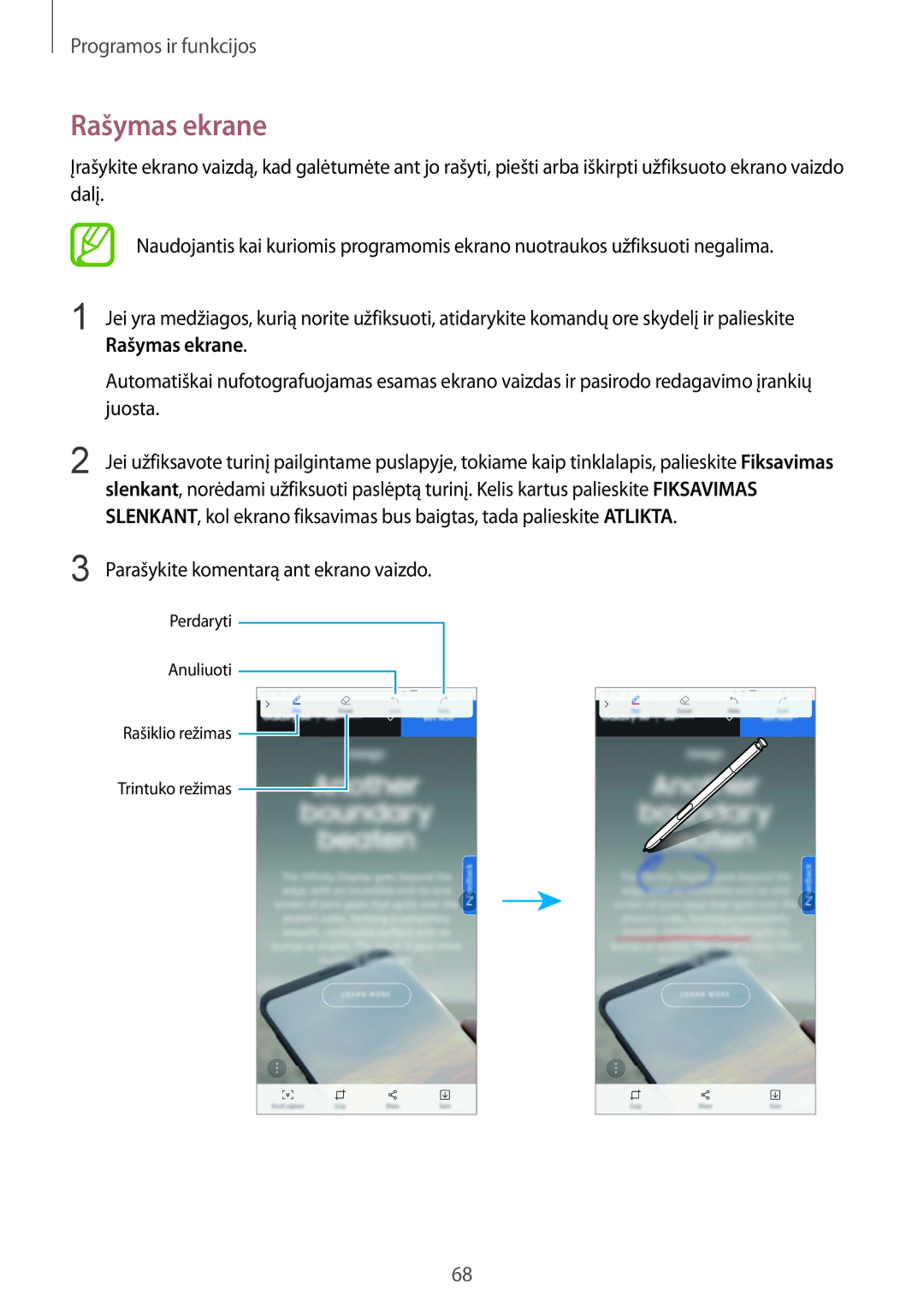 Samsung SM-N950FZKDSEB, SM-N950FZDDSEB manual Rašymas ekrane, Juosta, Parašykite komentarą ant ekrano vaizdo 