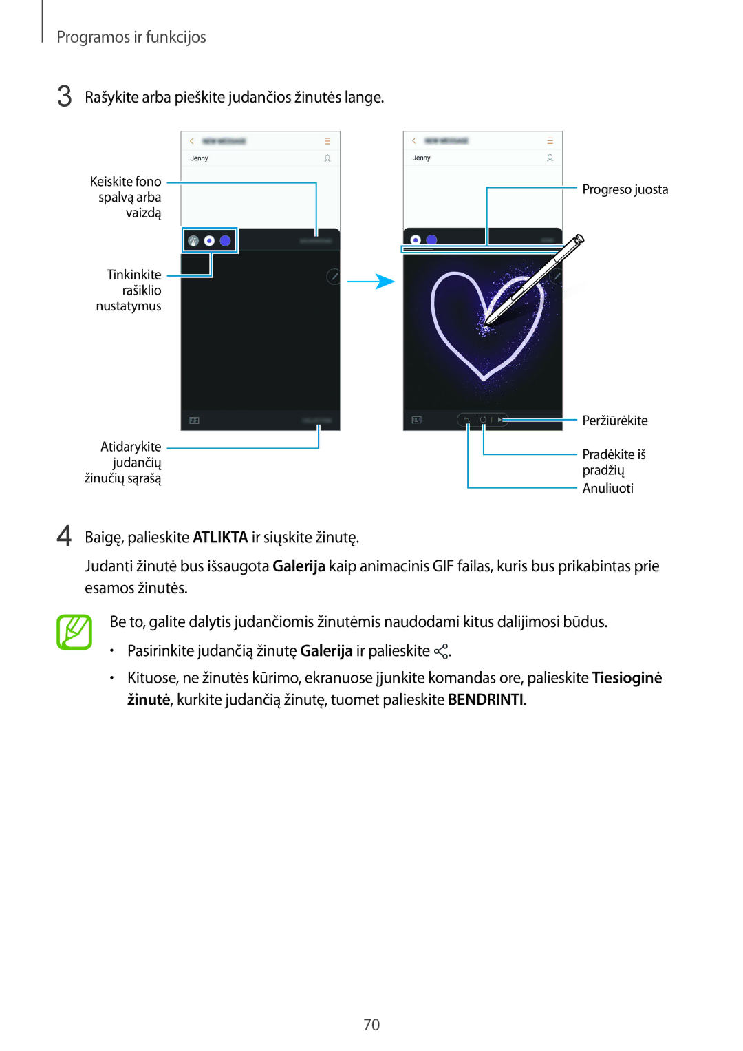 Samsung SM-N950FZKDSEB, SM-N950FZDDSEB manual Rašykite arba pieškite judančios žinutės lange 
