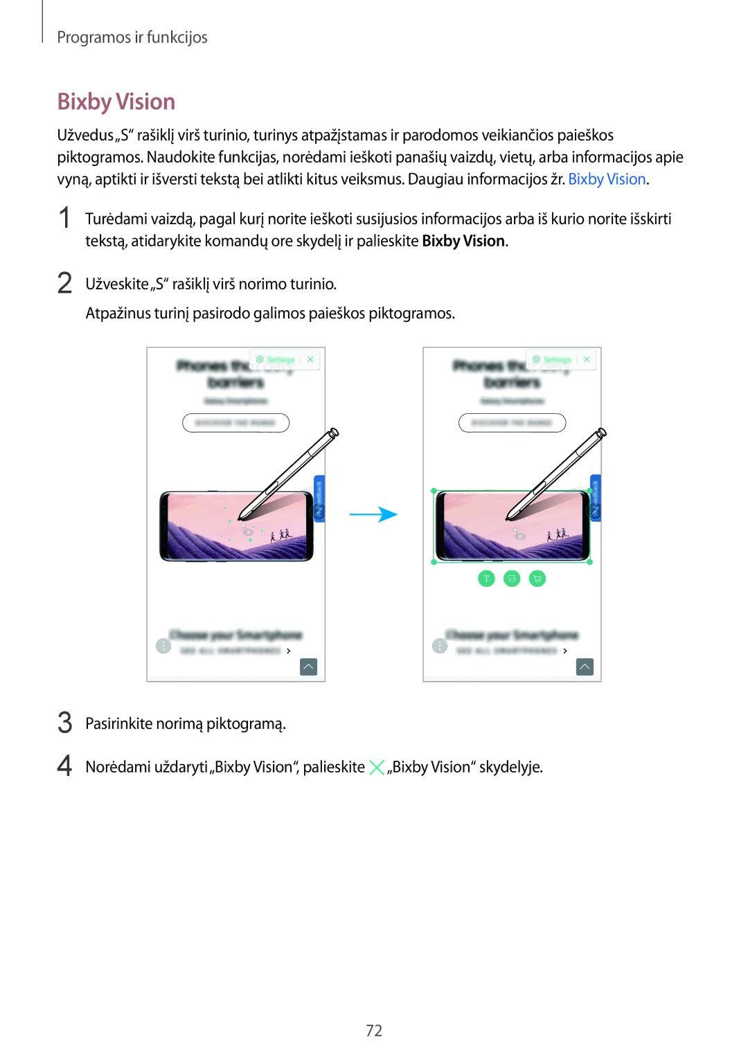 Samsung SM-N950FZKDSEB, SM-N950FZDDSEB manual Bixby Vision, Užveskite„S rašiklį virš norimo turinio 