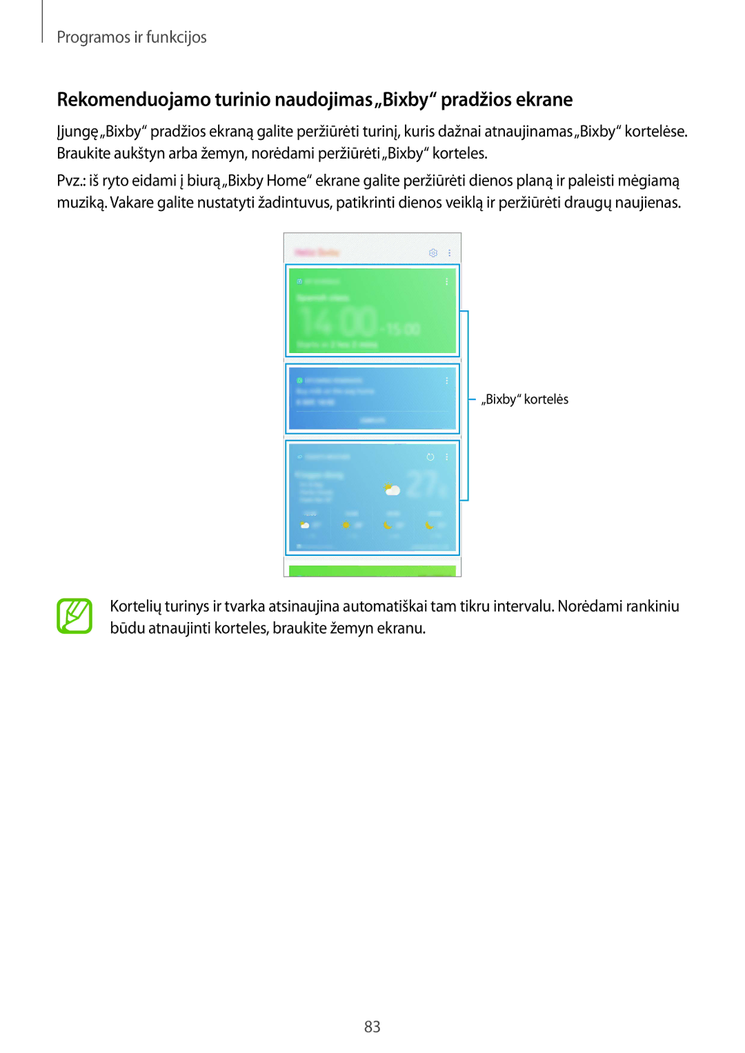 Samsung SM-N950FZDDSEB, SM-N950FZKDSEB manual Rekomenduojamo turinio naudojimas„Bixby pradžios ekrane 