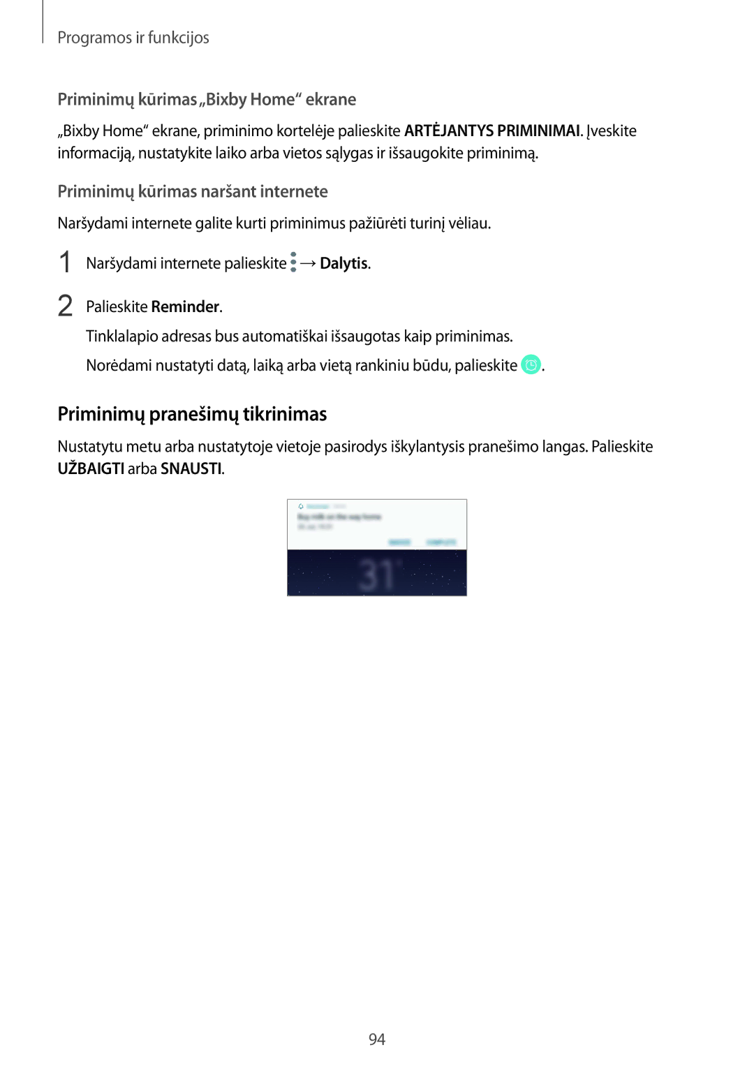 Samsung SM-N950FZKDSEB, SM-N950FZDDSEB manual Priminimų pranešimų tikrinimas, Priminimų kūrimas„Bixby Home ekrane 