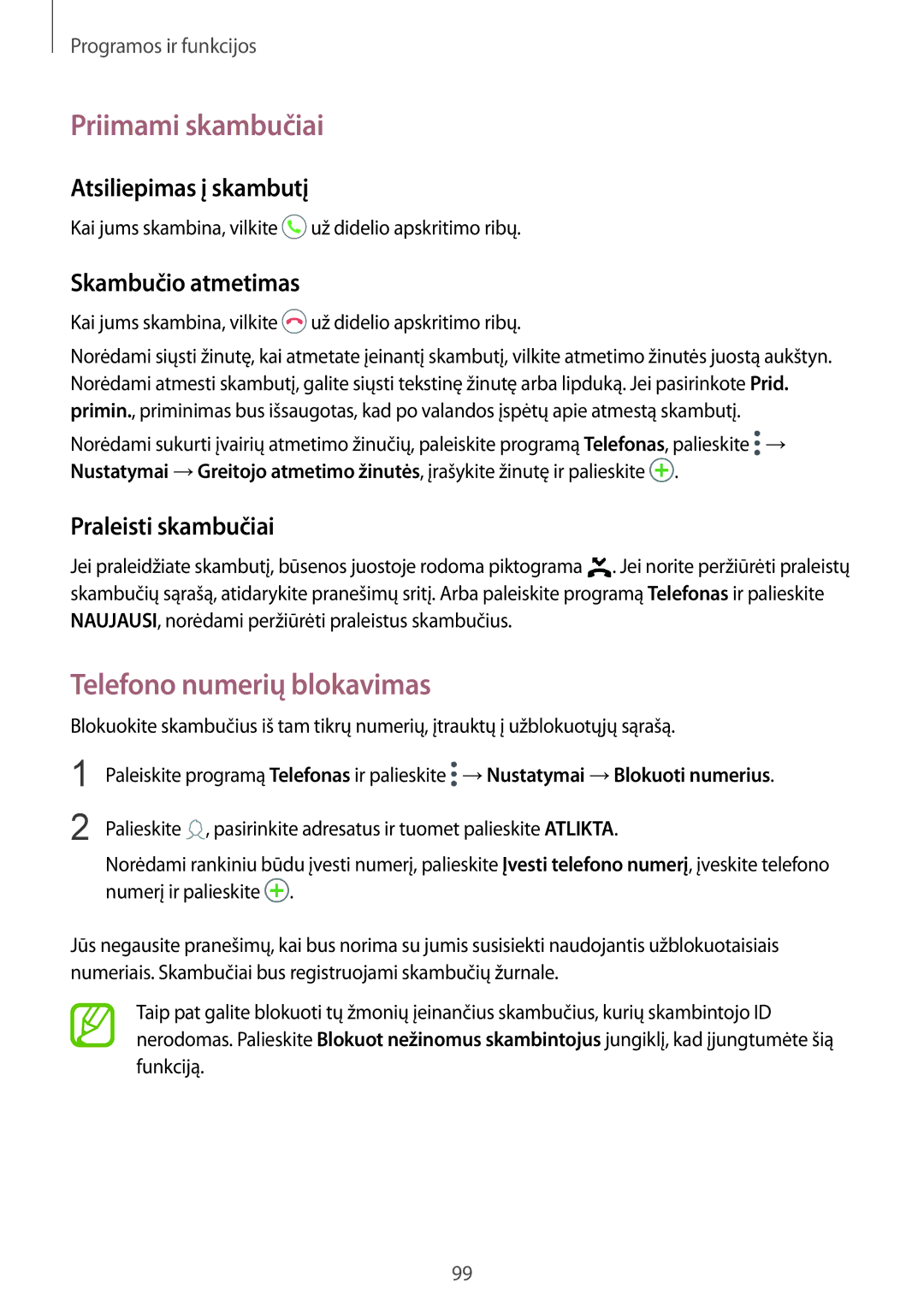 Samsung SM-N950FZDDSEB Priimami skambučiai, Telefono numerių blokavimas, Atsiliepimas į skambutį, Skambučio atmetimas 