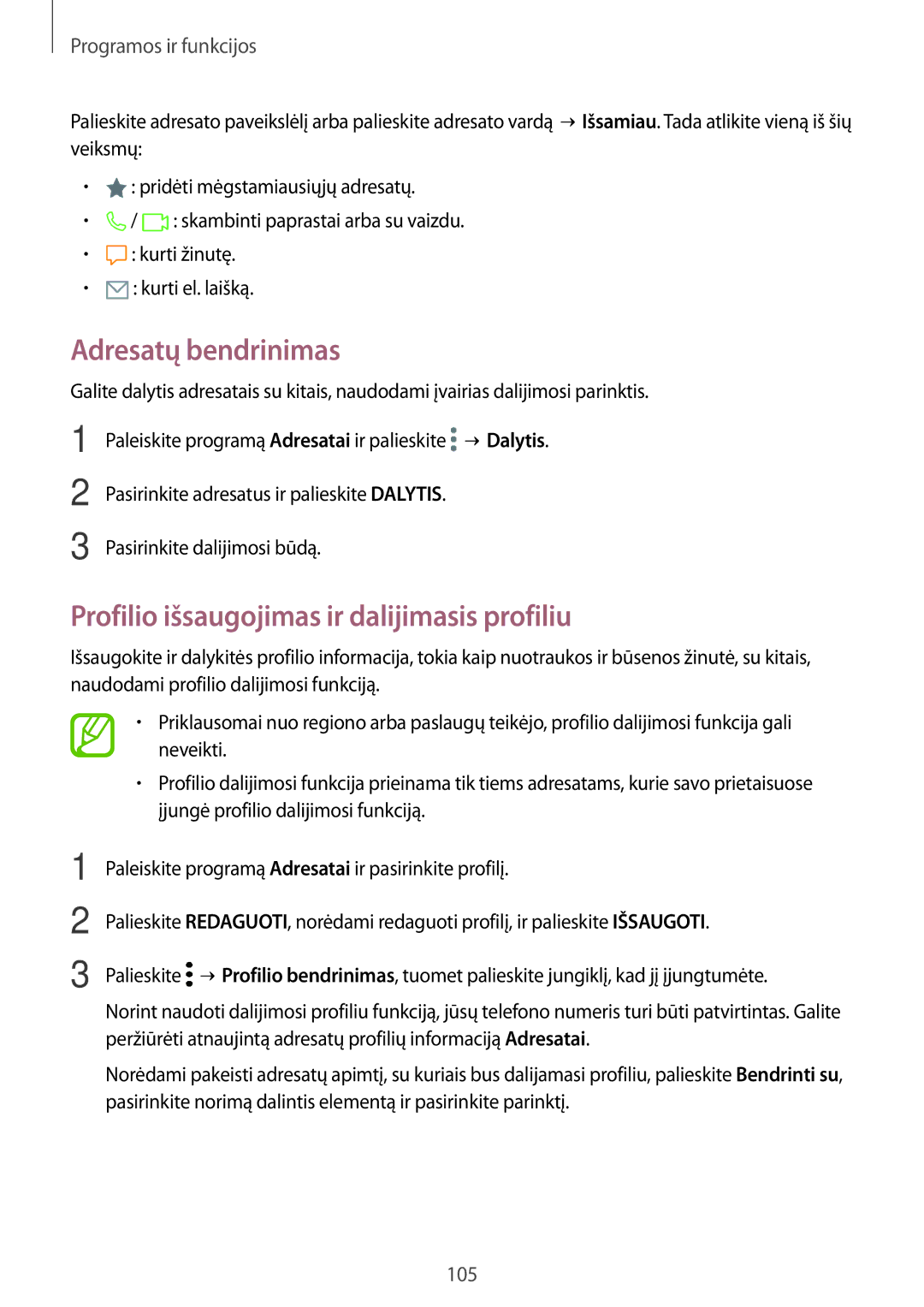 Samsung SM-N950FZDDSEB, SM-N950FZKDSEB manual Adresatų bendrinimas, Profilio išsaugojimas ir dalijimasis profiliu 