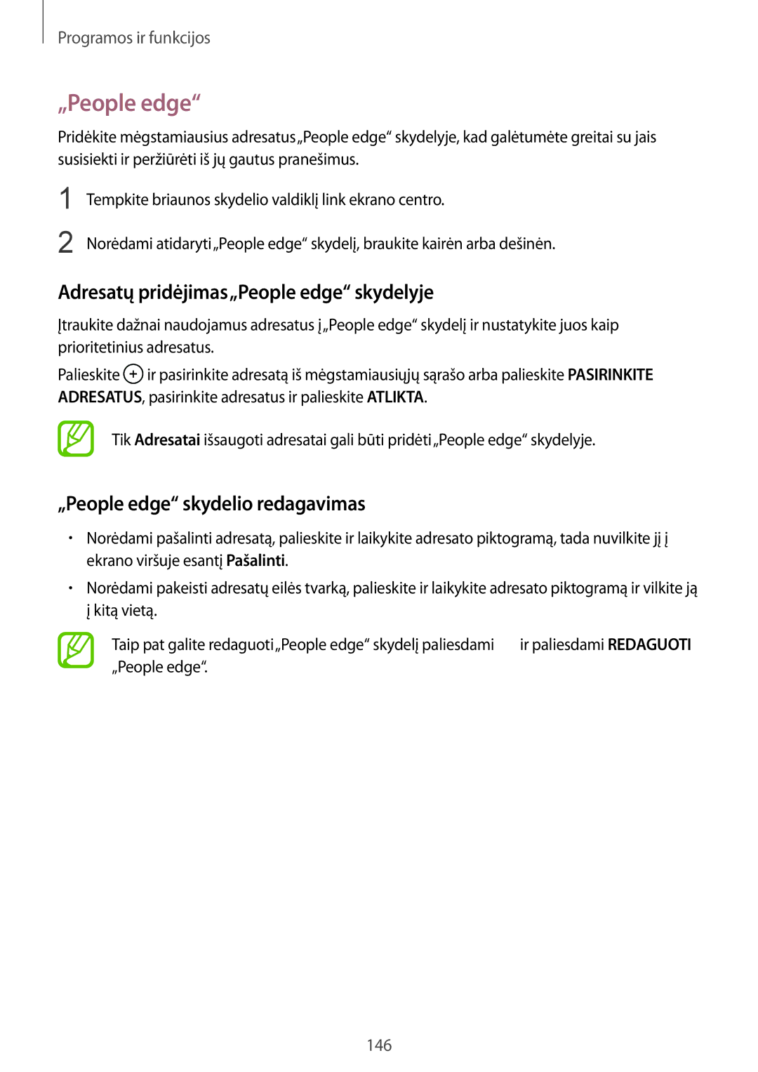 Samsung SM-N950FZKDSEB, SM-N950FZDDSEB Adresatų pridėjimas„People edge skydelyje, „People edge skydelio redagavimas 