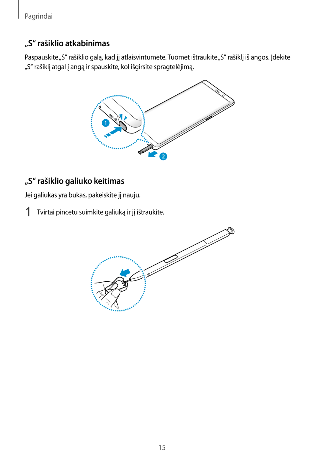 Samsung SM-N950FZDDSEB, SM-N950FZKDSEB manual „S rašiklio atkabinimas, „S rašiklio galiuko keitimas 