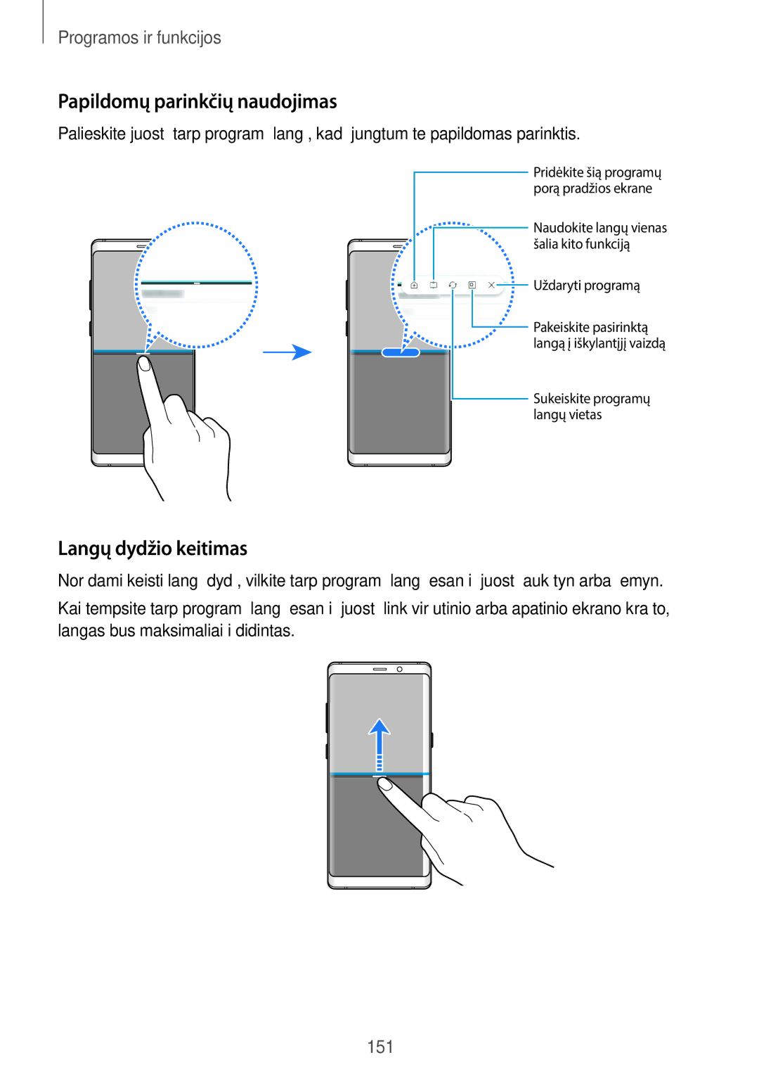 Samsung SM-N950FZDDSEB, SM-N950FZKDSEB manual Papildomų parinkčių naudojimas, Langų dydžio keitimas 