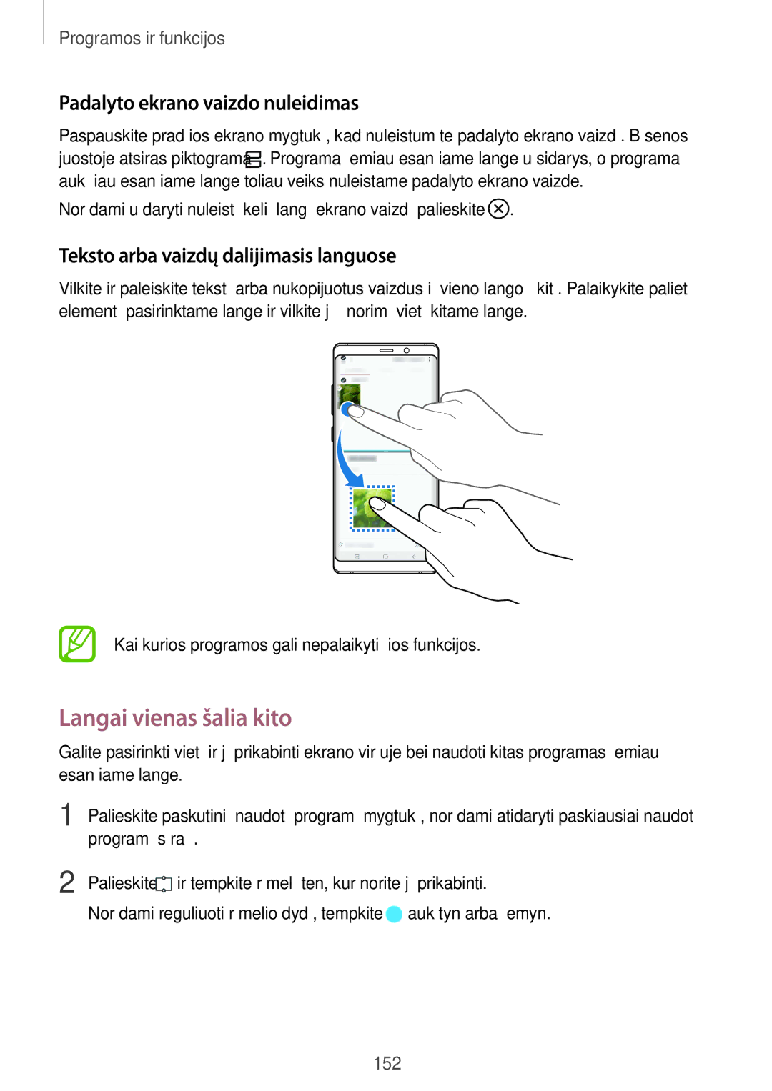 Samsung SM-N950FZKDSEB, SM-N950FZDDSEB manual Langai vienas šalia kito, Padalyto ekrano vaizdo nuleidimas 