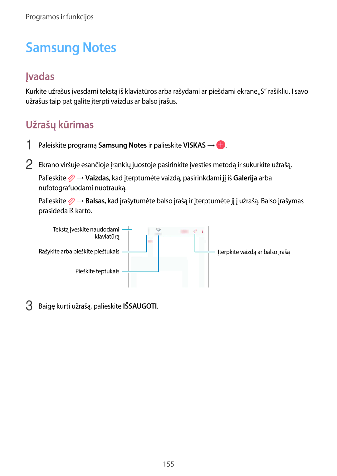 Samsung SM-N950FZDDSEB, SM-N950FZKDSEB manual Samsung Notes, Užrašų kūrimas, Baigę kurti užrašą, palieskite Išsaugoti 