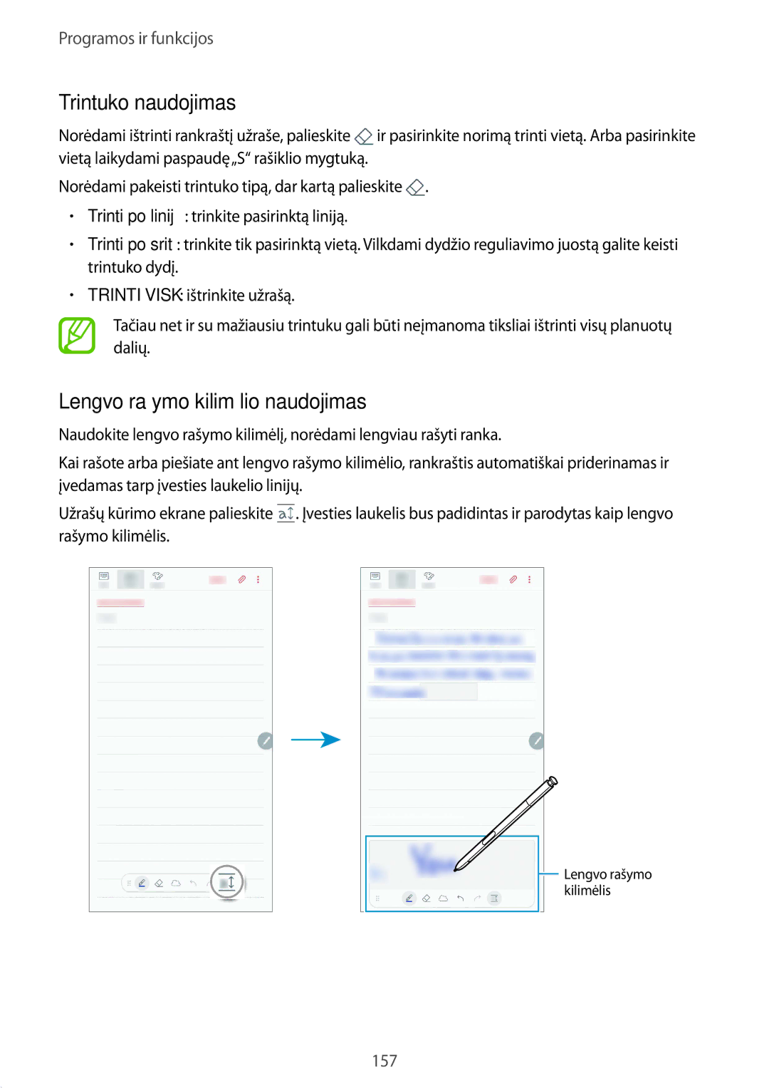 Samsung SM-N950FZDDSEB, SM-N950FZKDSEB manual Trintuko naudojimas, Lengvo rašymo kilimėlio naudojimas 