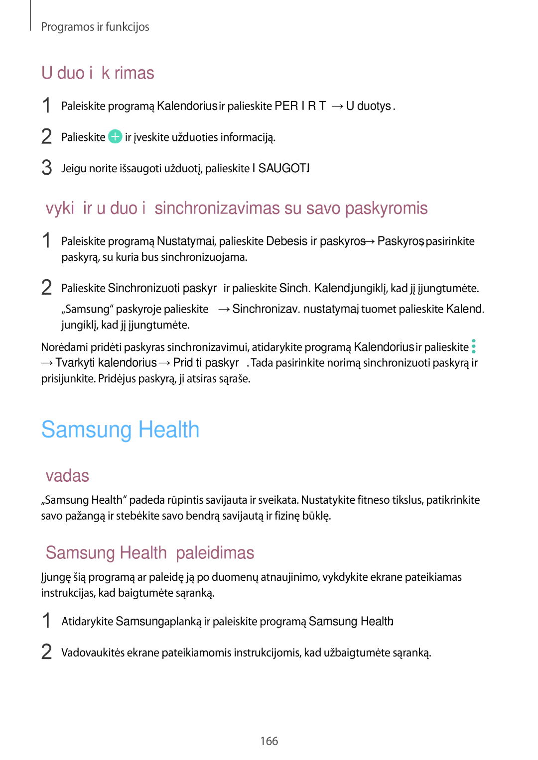 Samsung SM-N950FZKDSEB manual Samsung Health, Užduočių kūrimas, Įvykių ir užduočių sinchronizavimas su savo paskyromis 