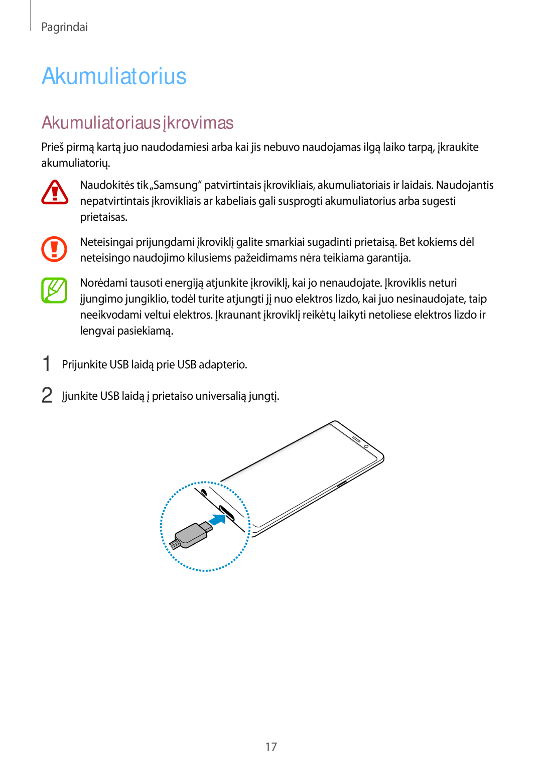 Samsung SM-N950FZDDSEB, SM-N950FZKDSEB manual Akumuliatorius, Akumuliatoriaus įkrovimas 