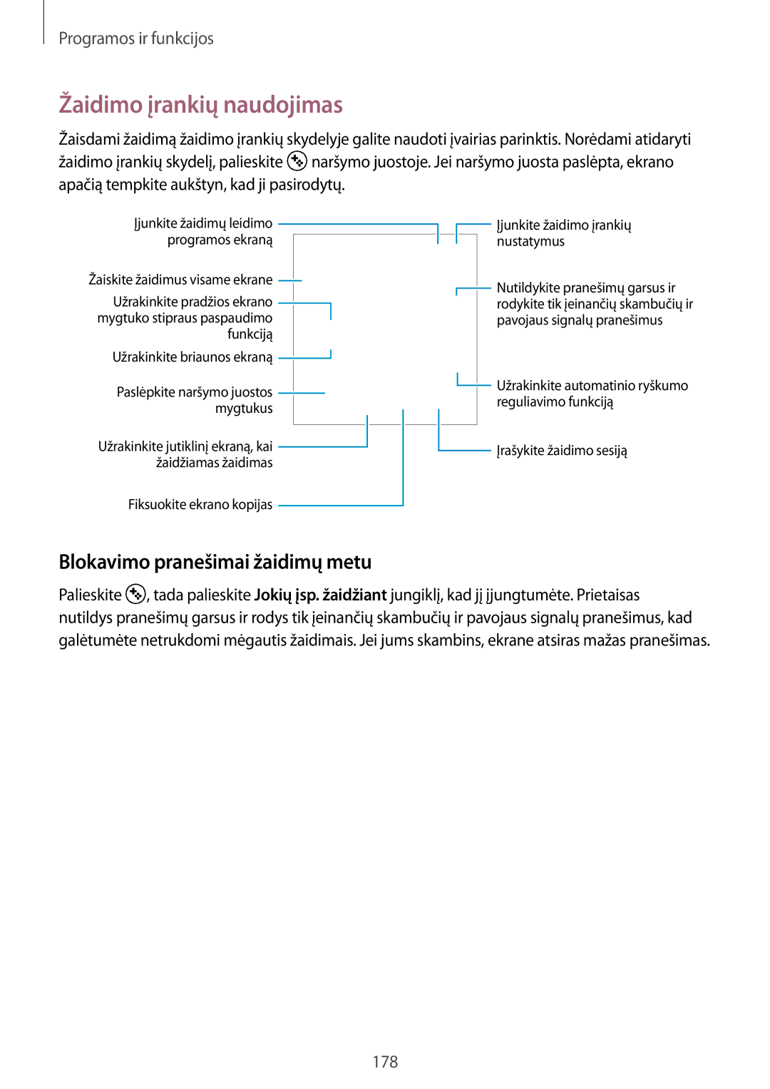 Samsung SM-N950FZKDSEB, SM-N950FZDDSEB manual Žaidimo įrankių naudojimas, Blokavimo pranešimai žaidimų metu 