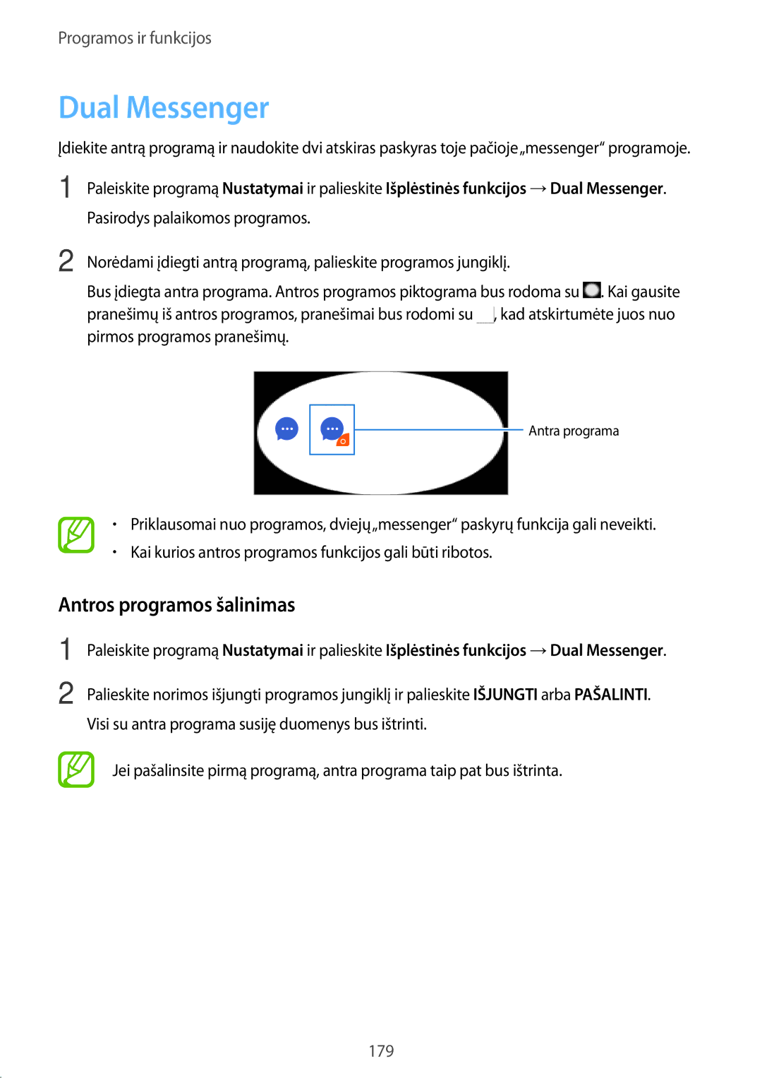 Samsung SM-N950FZDDSEB, SM-N950FZKDSEB manual Dual Messenger, Antros programos šalinimas 