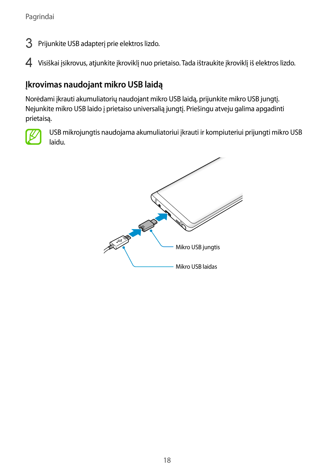 Samsung SM-N950FZKDSEB, SM-N950FZDDSEB Įkrovimas naudojant mikro USB laidą, Prijunkite USB adapterį prie elektros lizdo 