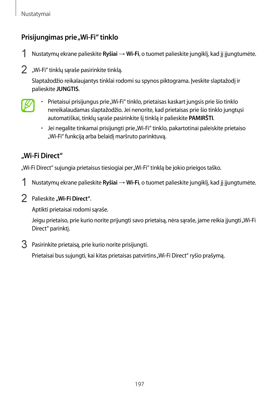 Samsung SM-N950FZDDSEB, SM-N950FZKDSEB manual Prisijungimas prie„Wi-Fi tinklo, Palieskite „Wi-Fi Direct 