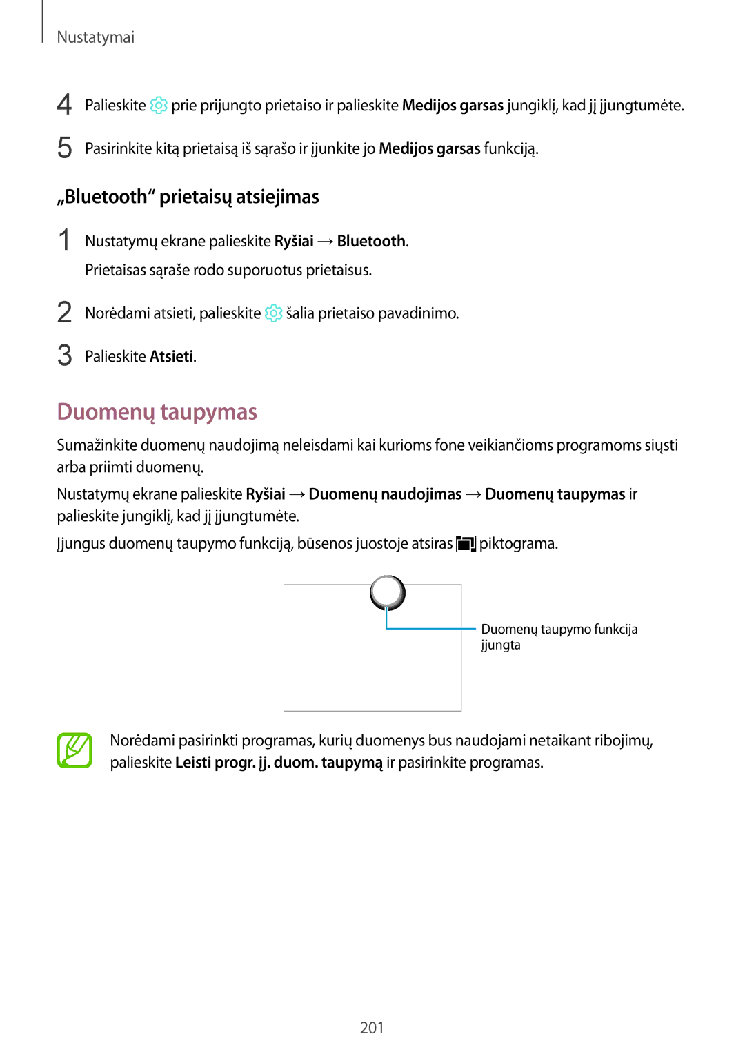 Samsung SM-N950FZDDSEB, SM-N950FZKDSEB manual Duomenų taupymas, „Bluetooth prietaisų atsiejimas 