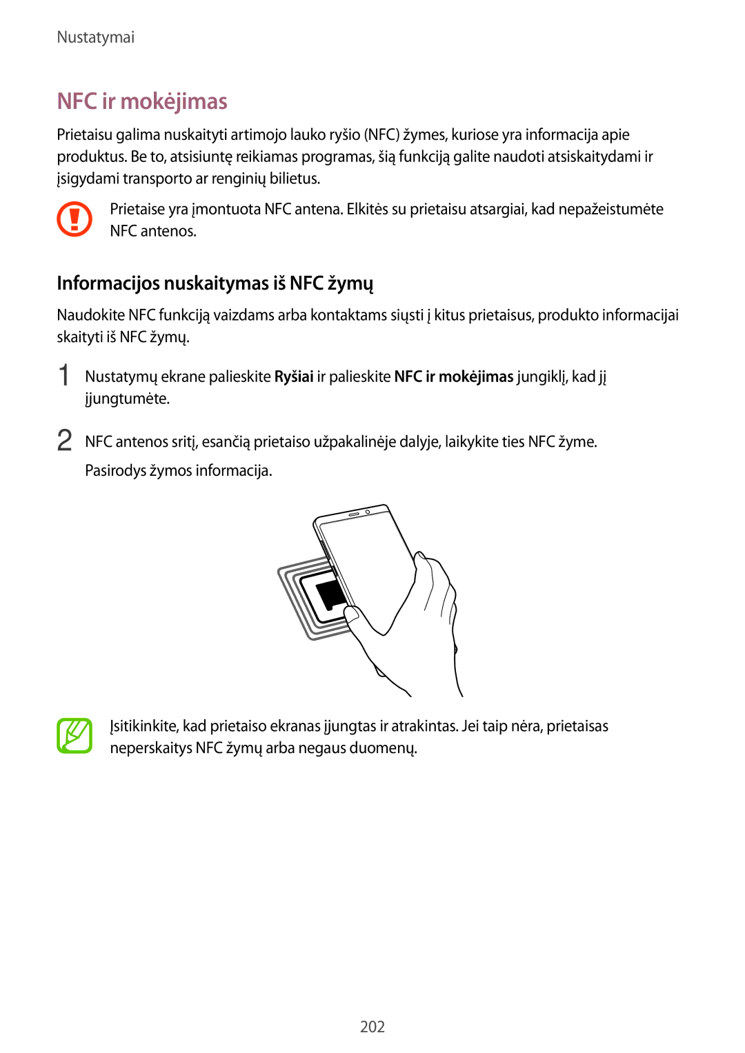 Samsung SM-N950FZKDSEB, SM-N950FZDDSEB manual NFC ir mokėjimas, Informacijos nuskaitymas iš NFC žymų 