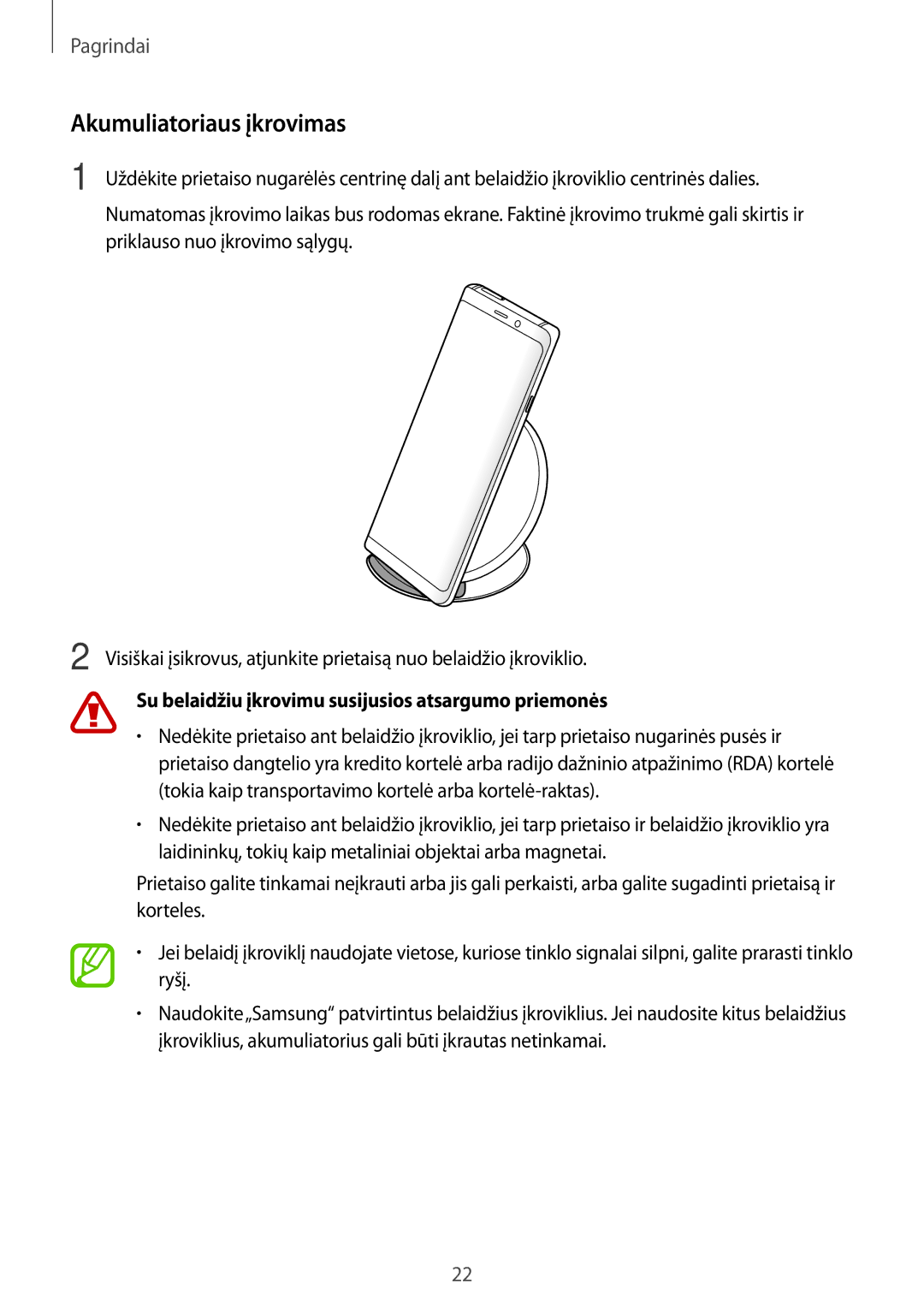 Samsung SM-N950FZKDSEB, SM-N950FZDDSEB Akumuliatoriaus įkrovimas, Su belaidžiu įkrovimu susijusios atsargumo priemonės 